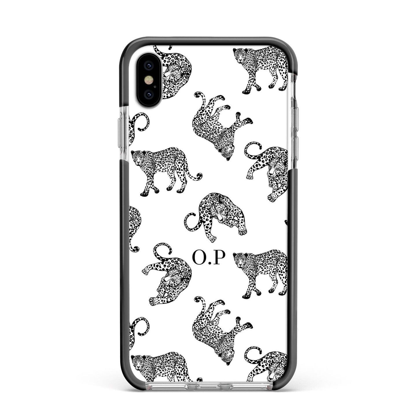 Monochrome Leopard Print Personalised Apple iPhone Xs Max Impact Case Black Edge on Silver Phone