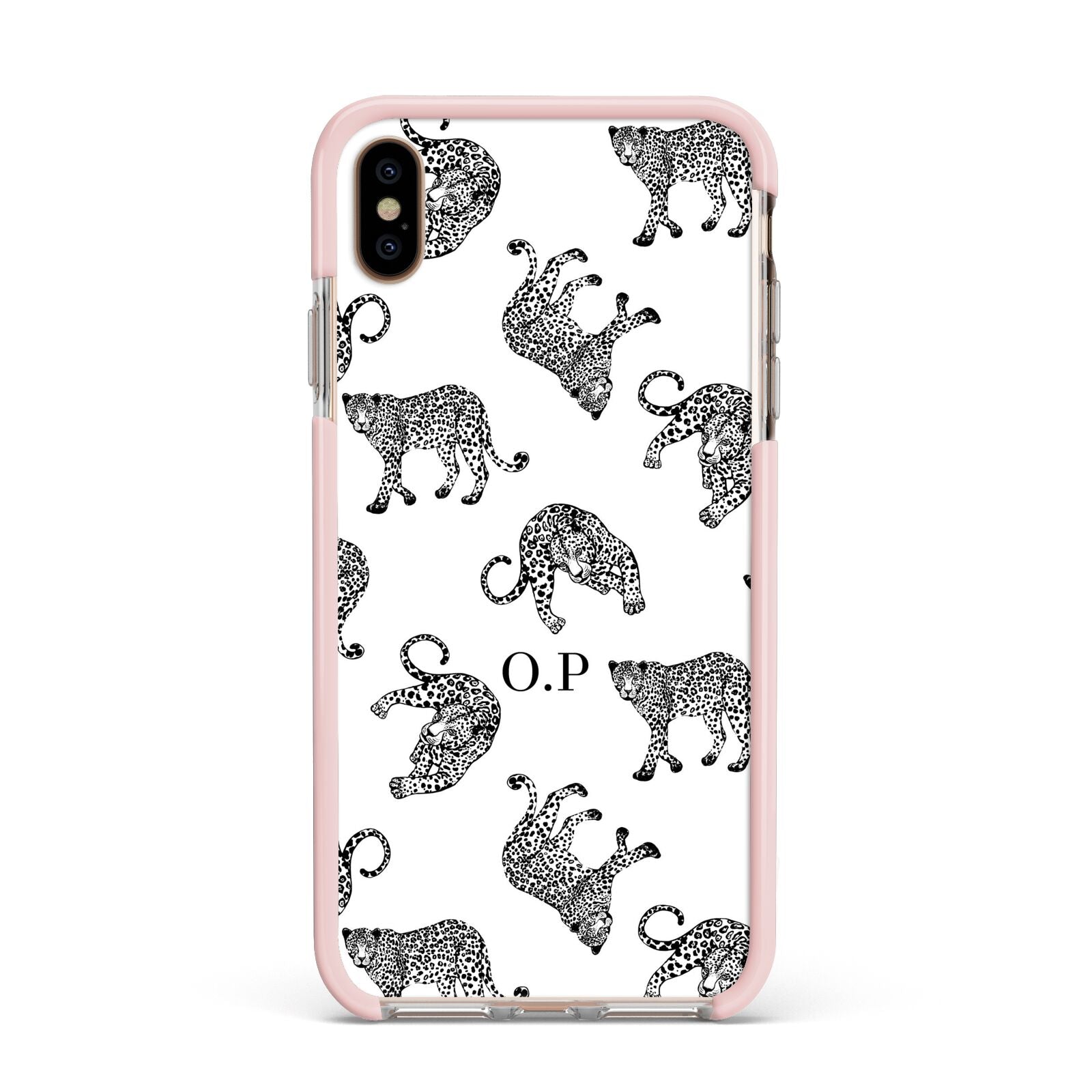 Monochrome Leopard Print Personalised Apple iPhone Xs Max Impact Case Pink Edge on Gold Phone