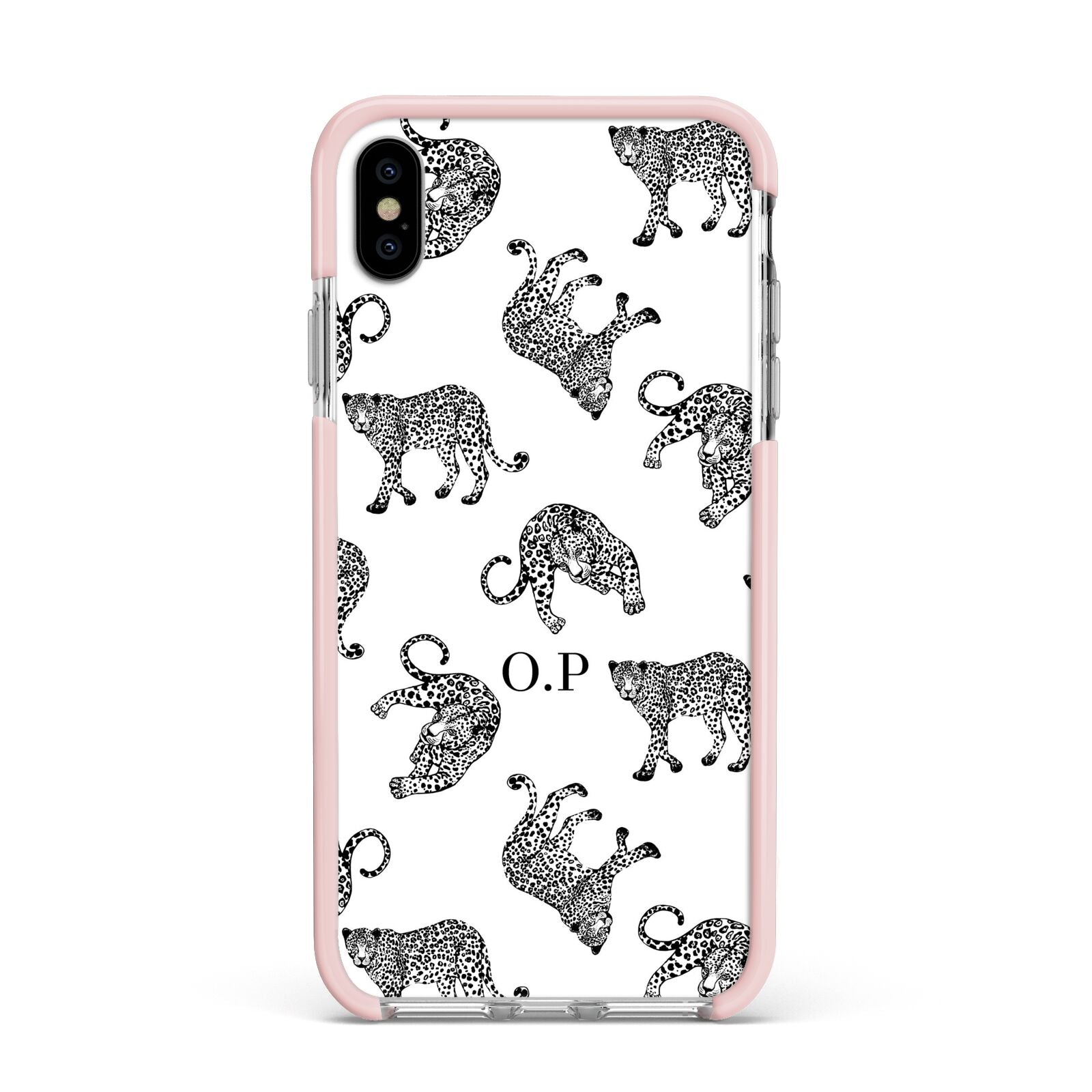Monochrome Leopard Print Personalised Apple iPhone Xs Max Impact Case Pink Edge on Silver Phone