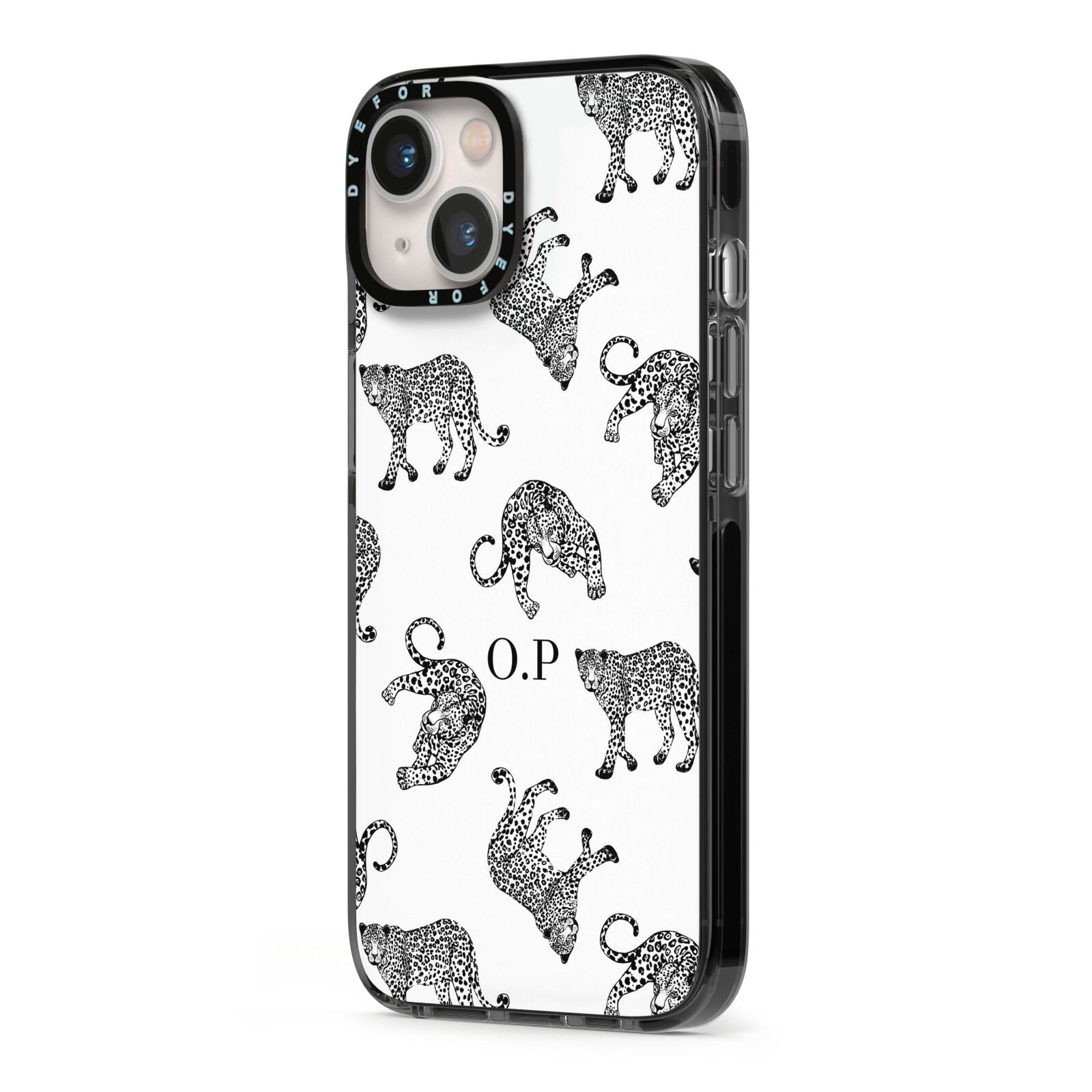 Monochrome Leopard Print Personalised iPhone 13 Black Impact Case Side Angle on Silver phone