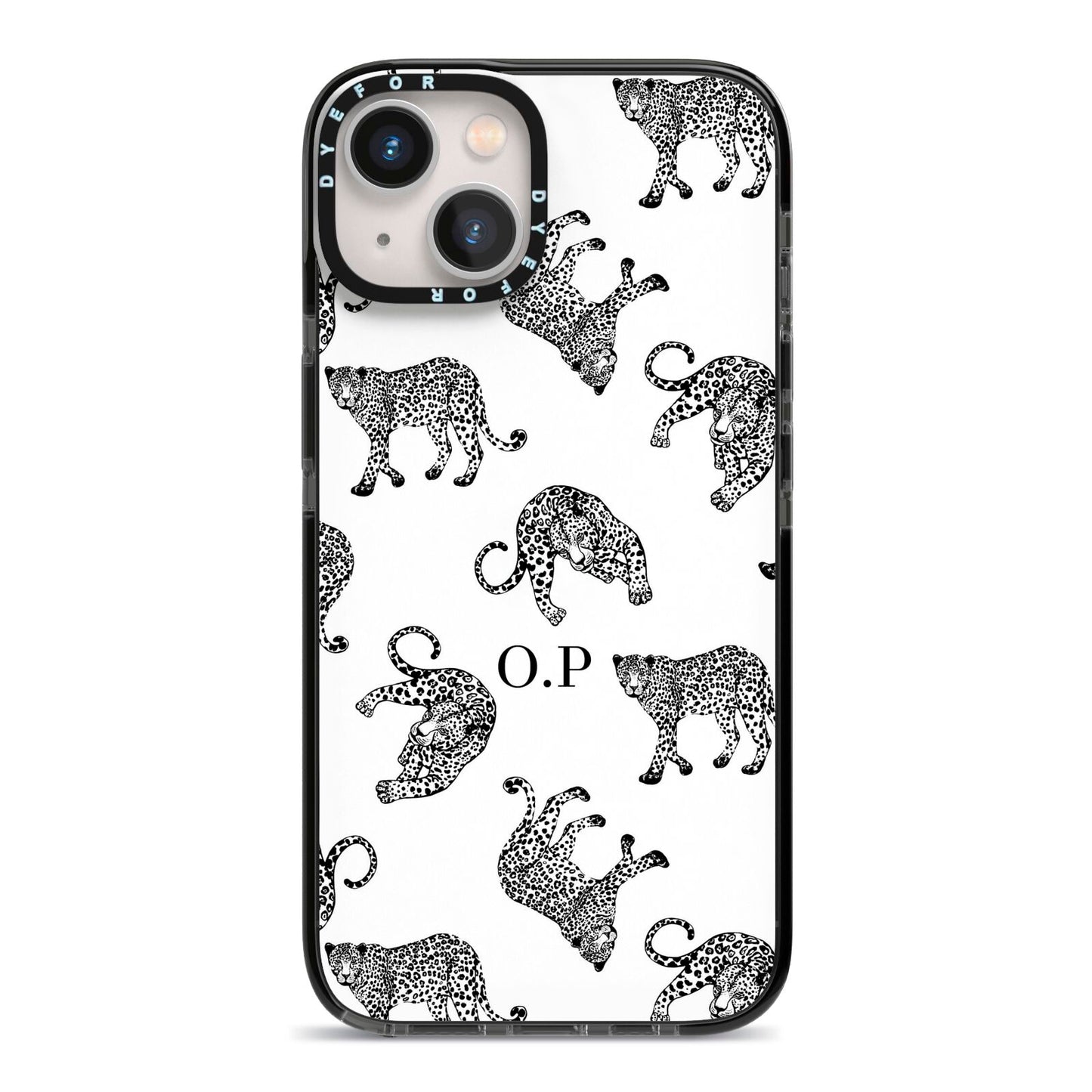 Monochrome Leopard Print Personalised iPhone 13 Black Impact Case on Silver phone