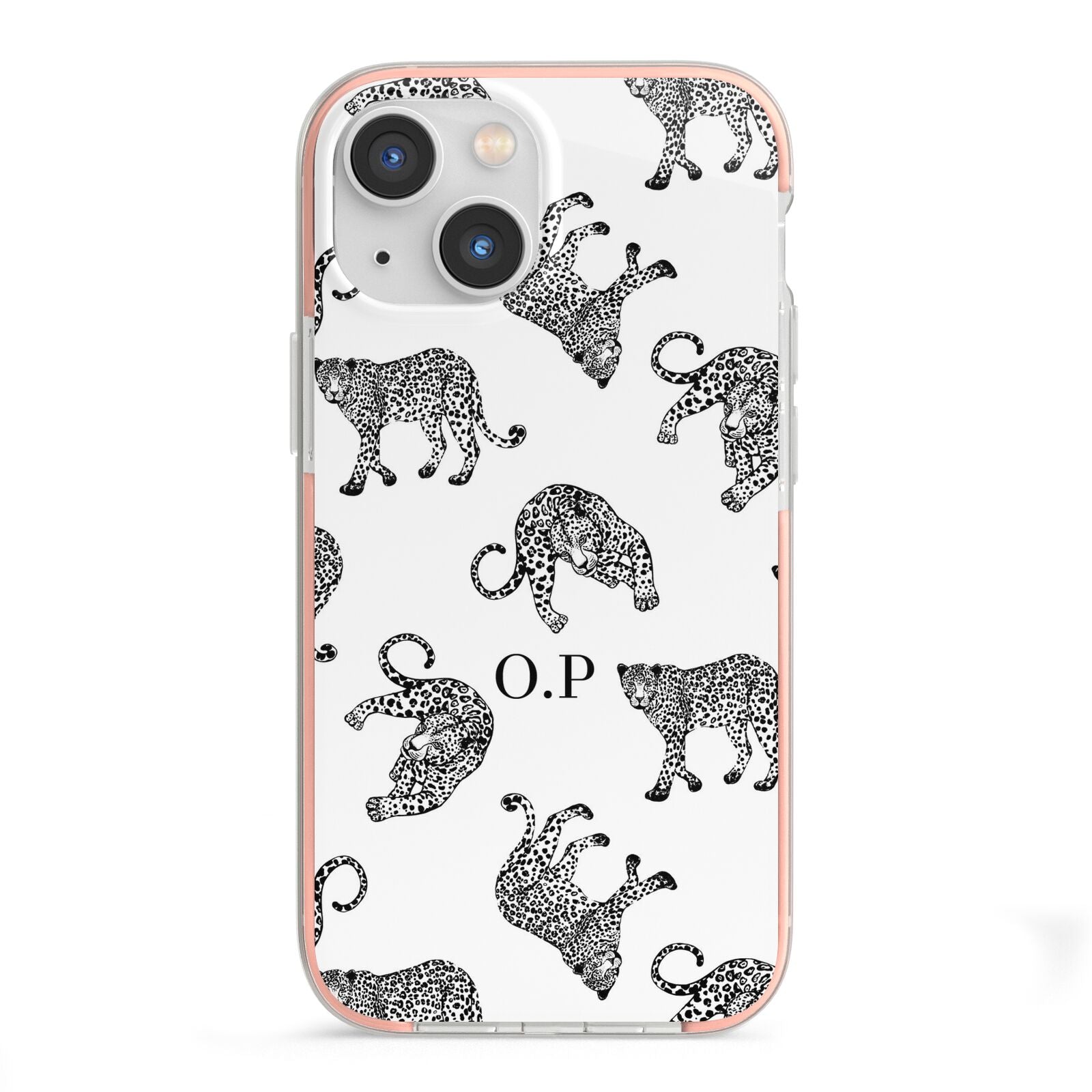 Monochrome Leopard Print Personalised iPhone 13 Mini TPU Impact Case with Pink Edges