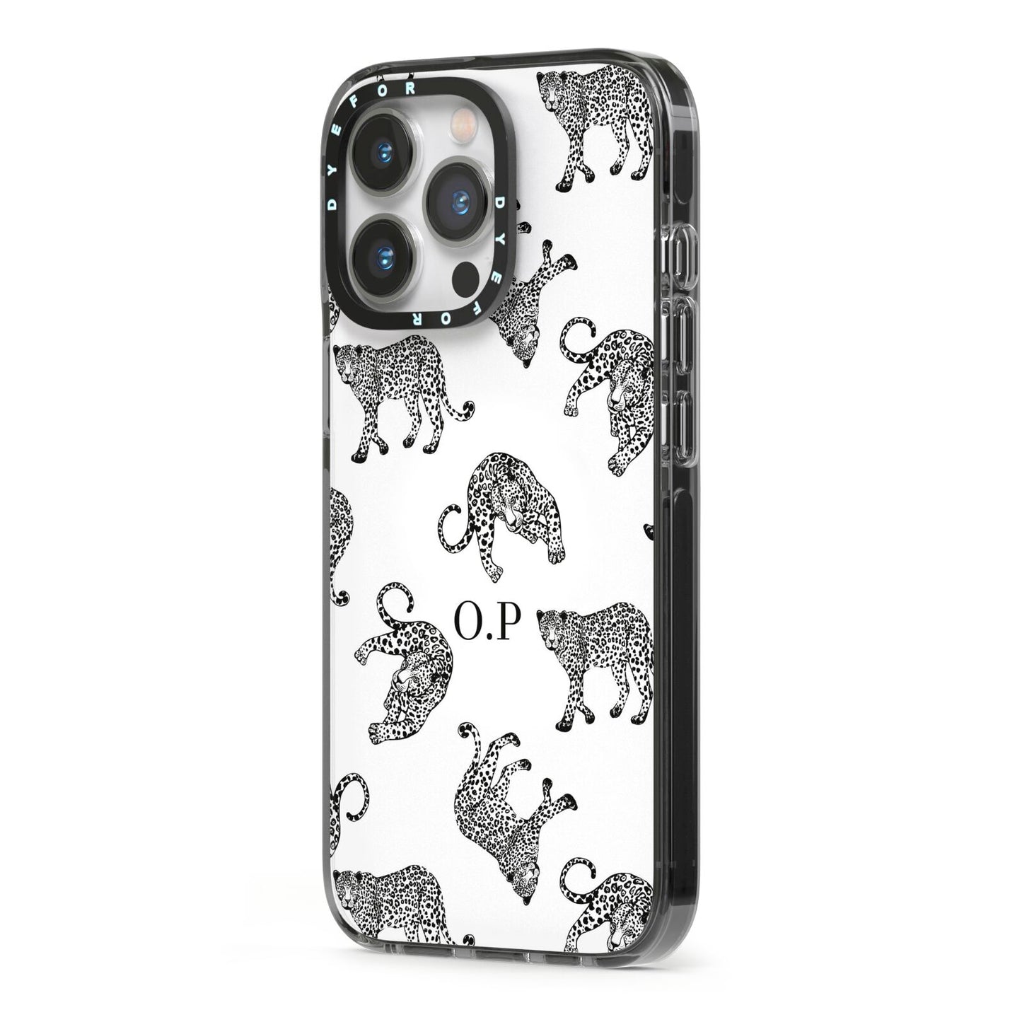 Monochrome Leopard Print Personalised iPhone 13 Pro Black Impact Case Side Angle on Silver phone