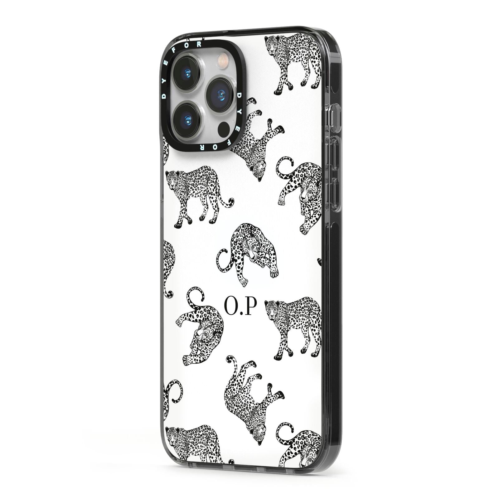 Monochrome Leopard Print Personalised iPhone 13 Pro Max Black Impact Case Side Angle on Silver phone