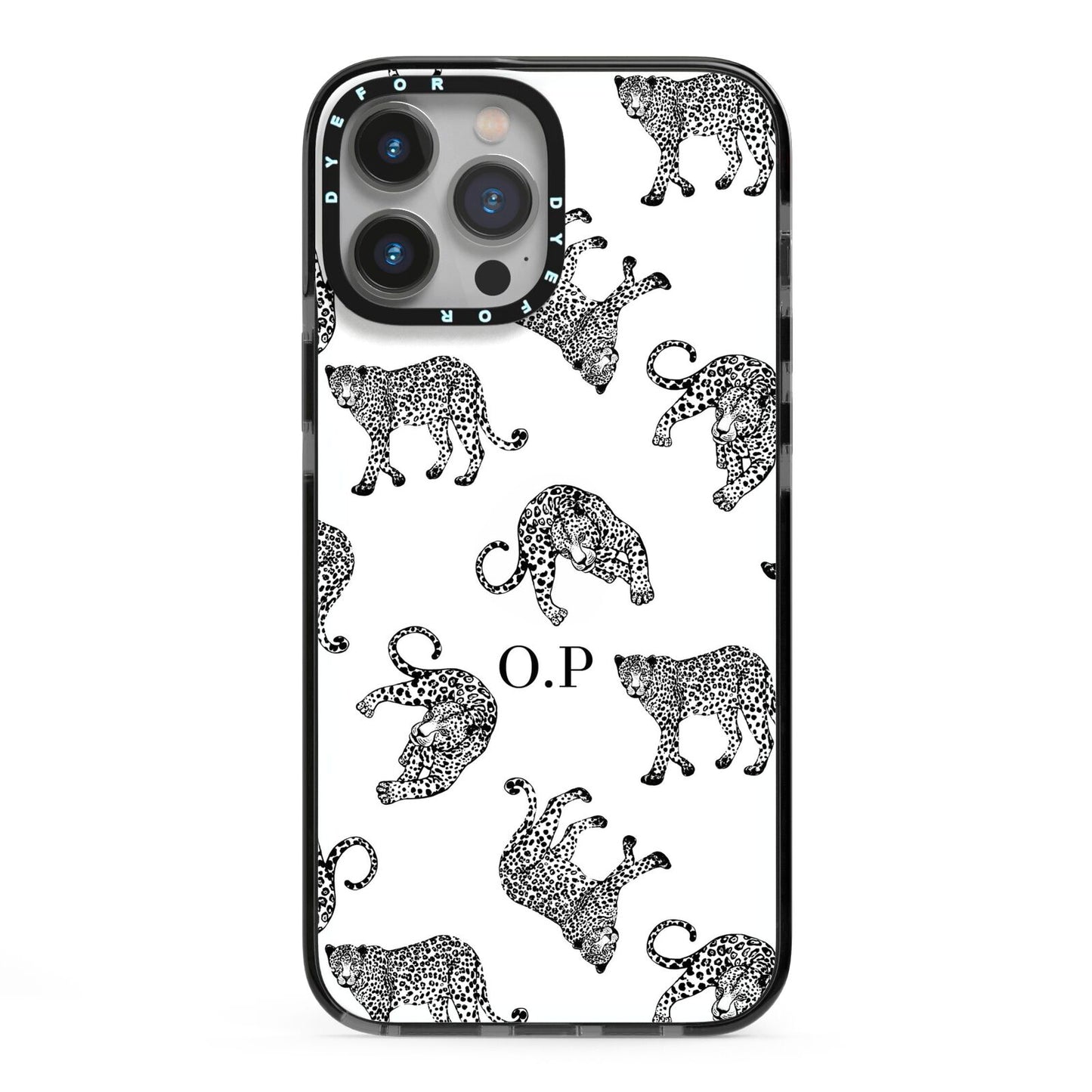 Monochrome Leopard Print Personalised iPhone 13 Pro Max Black Impact Case on Silver phone