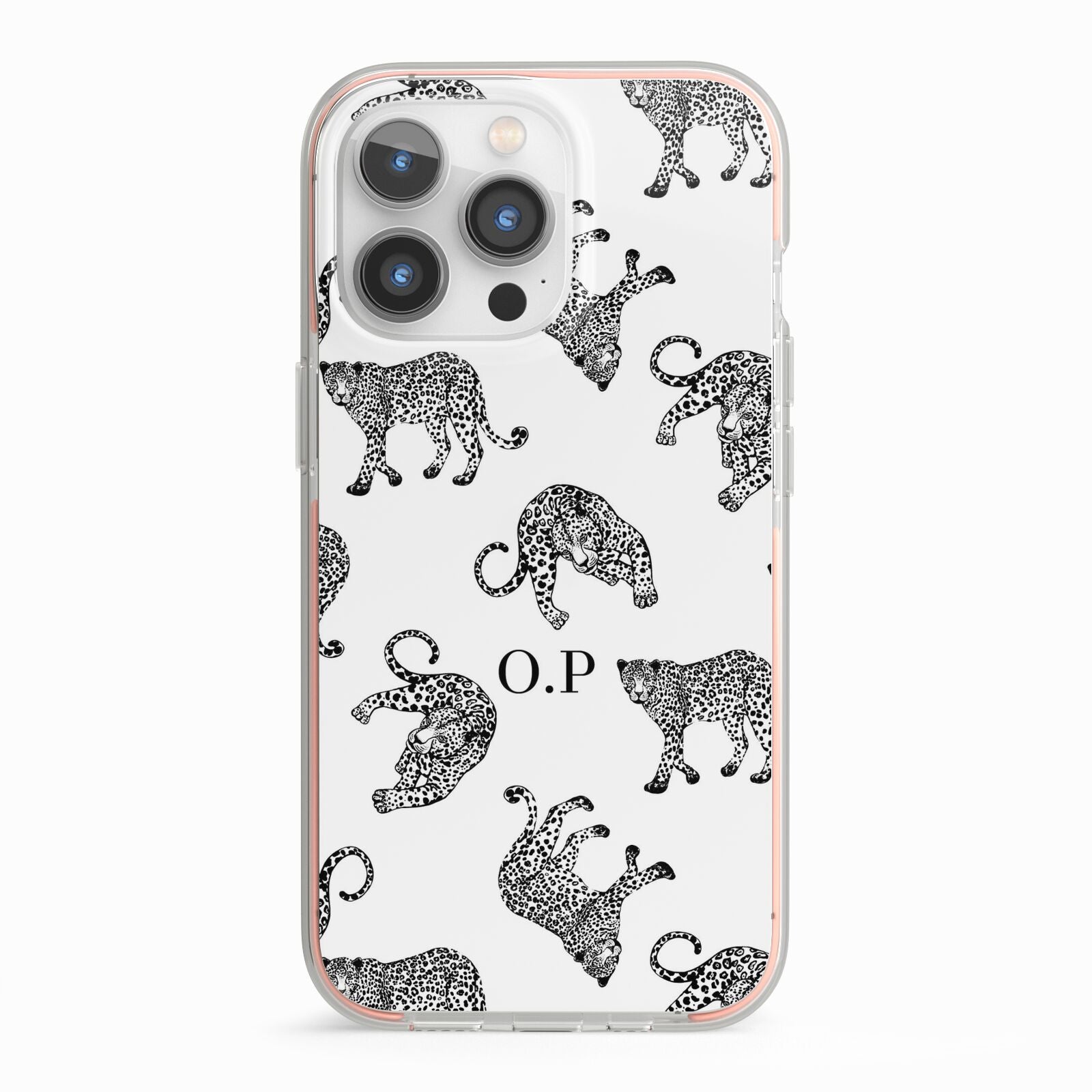 Monochrome Leopard Print Personalised iPhone 13 Pro TPU Impact Case with Pink Edges
