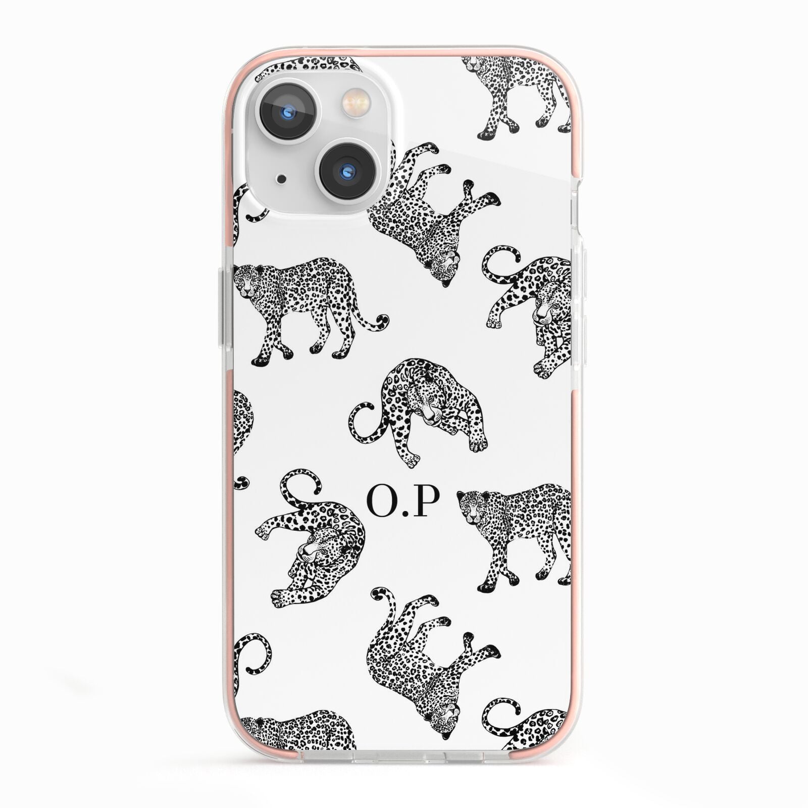 Monochrome Leopard Print Personalised iPhone 13 TPU Impact Case with Pink Edges
