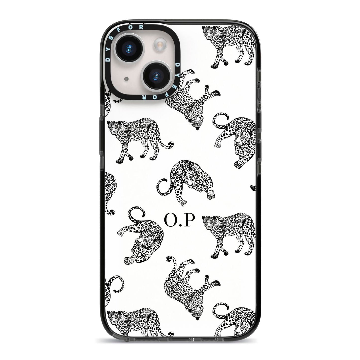 Monochrome Leopard Print Personalised iPhone 14 Black Impact Case on Silver phone