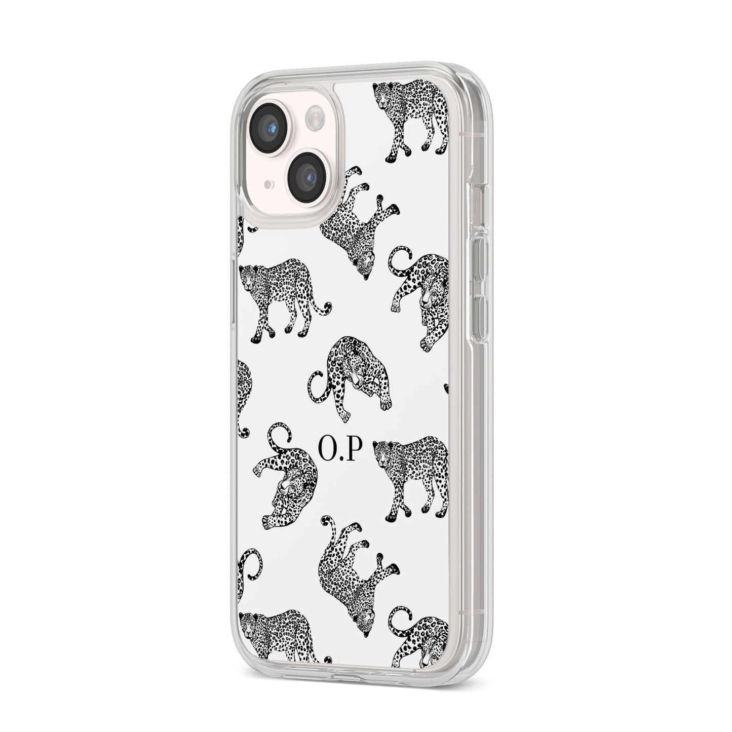 Monochrome Leopard Print Personalised iPhone 14 Clear Tough Case Starlight Angled Image