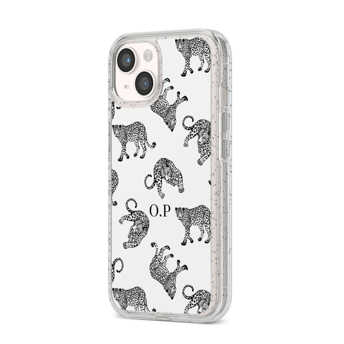 Monochrome Leopard Print Personalised iPhone 14 Glitter Tough Case Starlight Angled Image