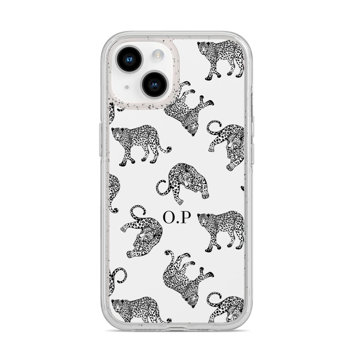 Monochrome Leopard Print Personalised iPhone 14 Glitter Tough Case Starlight
