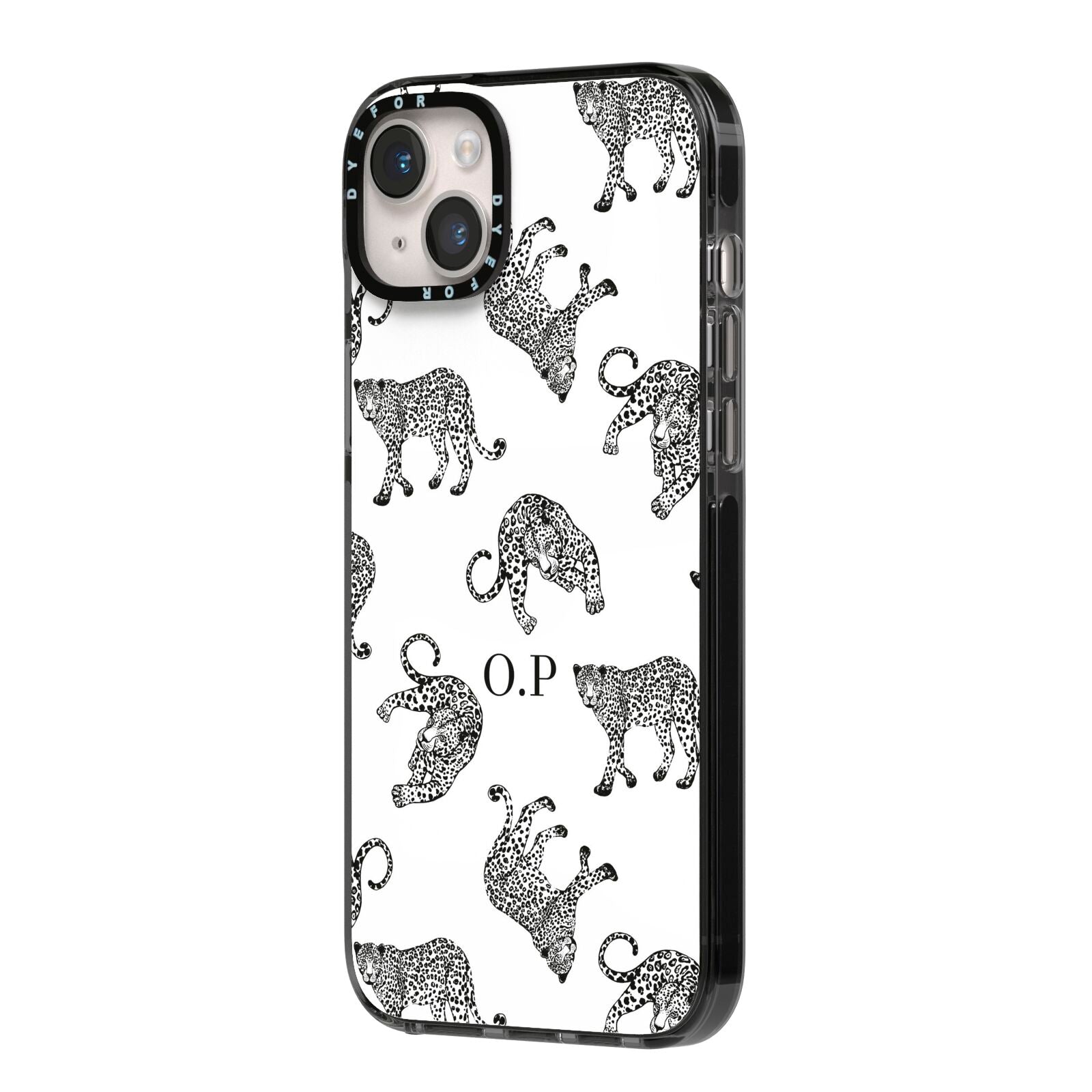 Monochrome Leopard Print Personalised iPhone 14 Plus Black Impact Case Side Angle on Silver phone