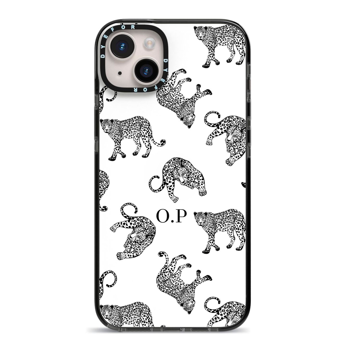 Monochrome Leopard Print Personalised iPhone 14 Plus Black Impact Case on Silver phone