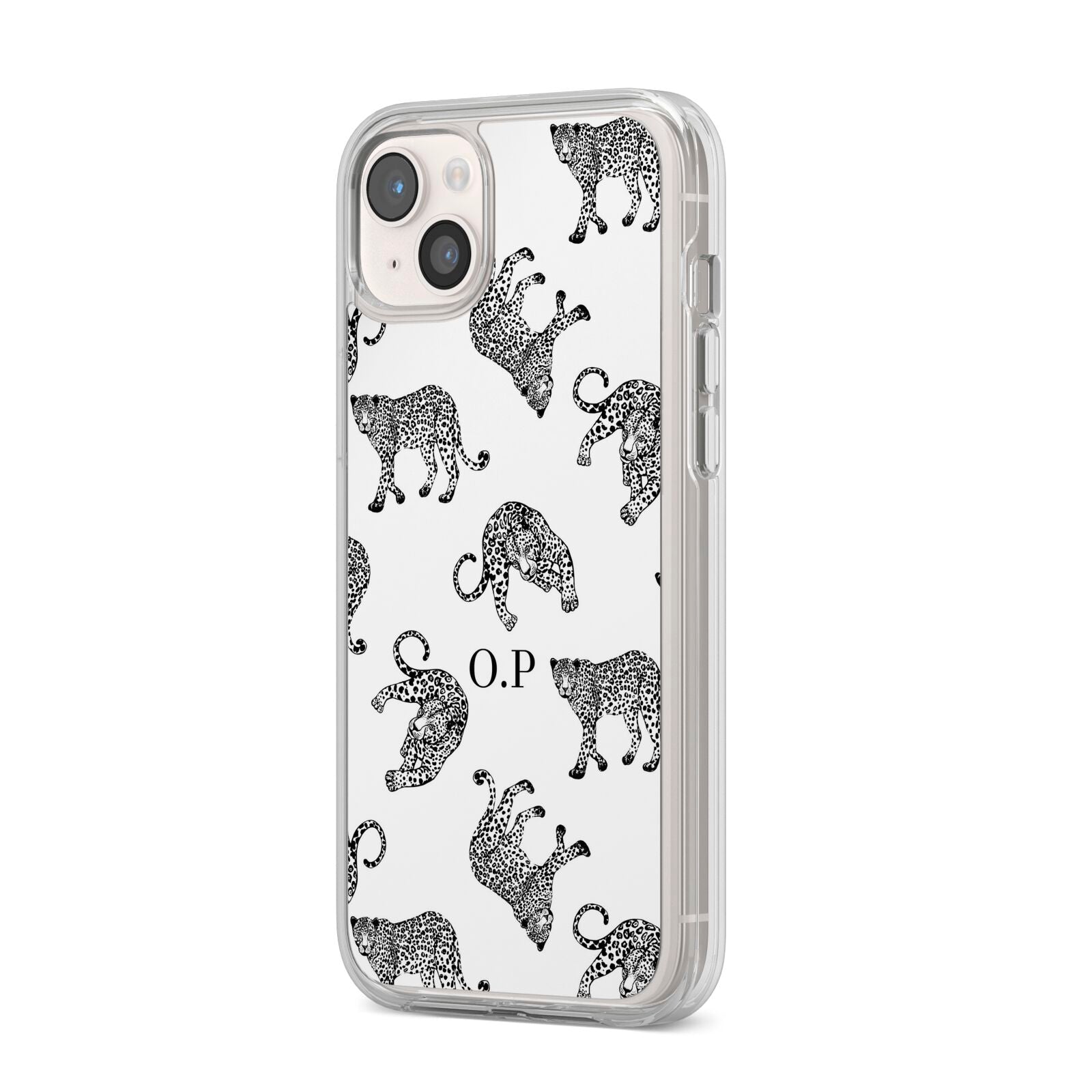 Monochrome Leopard Print Personalised iPhone 14 Plus Clear Tough Case Starlight Angled Image