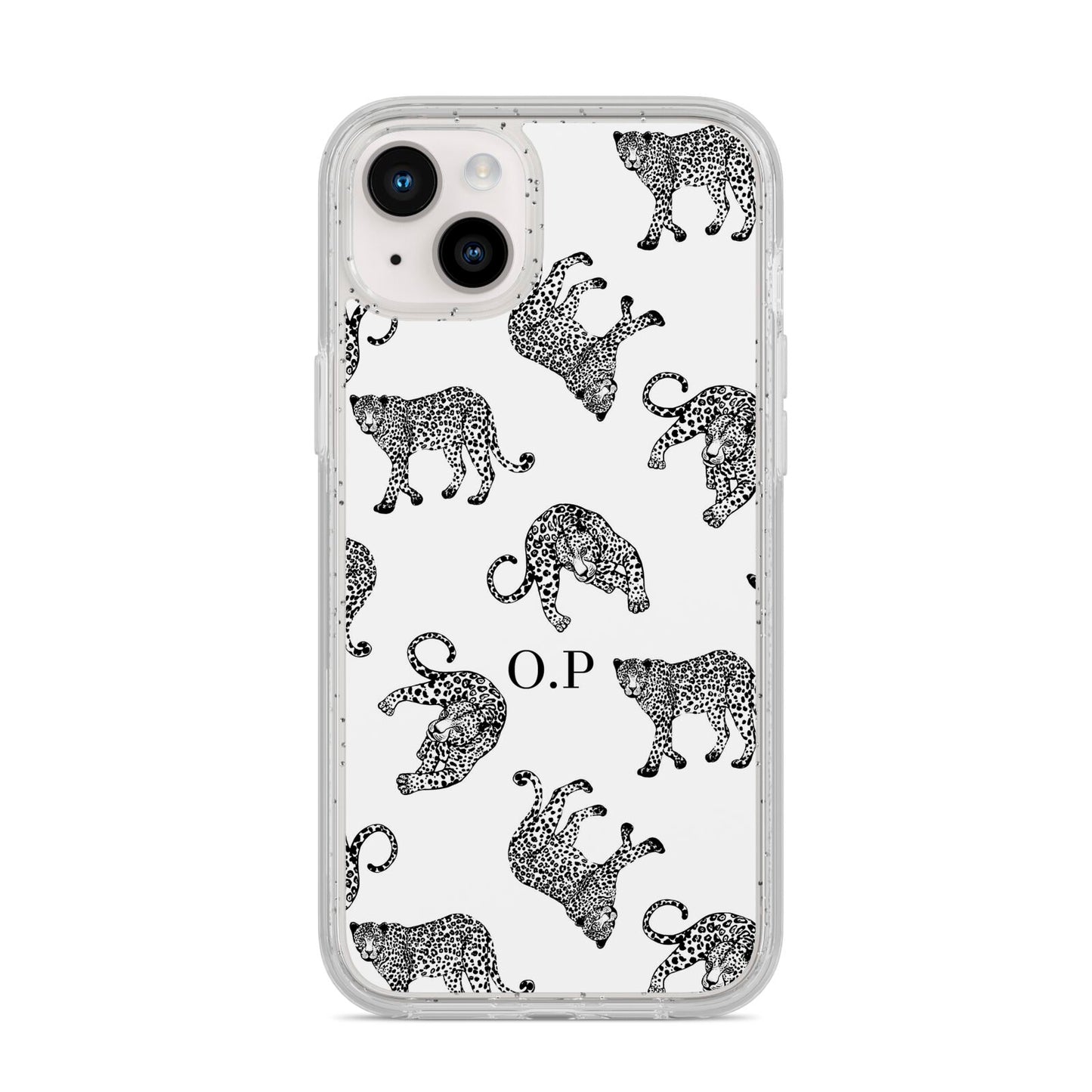 Monochrome Leopard Print Personalised iPhone 14 Plus Glitter Tough Case Starlight