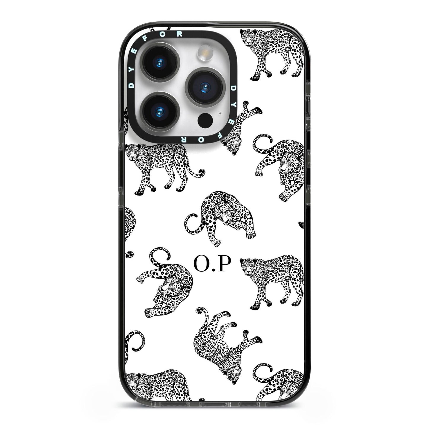 Monochrome Leopard Print Personalised iPhone 14 Pro Black Impact Case on Silver phone