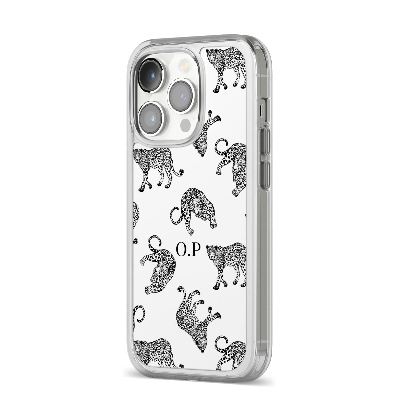 Monochrome Leopard Print Personalised iPhone 14 Pro Clear Tough Case Silver Angled Image