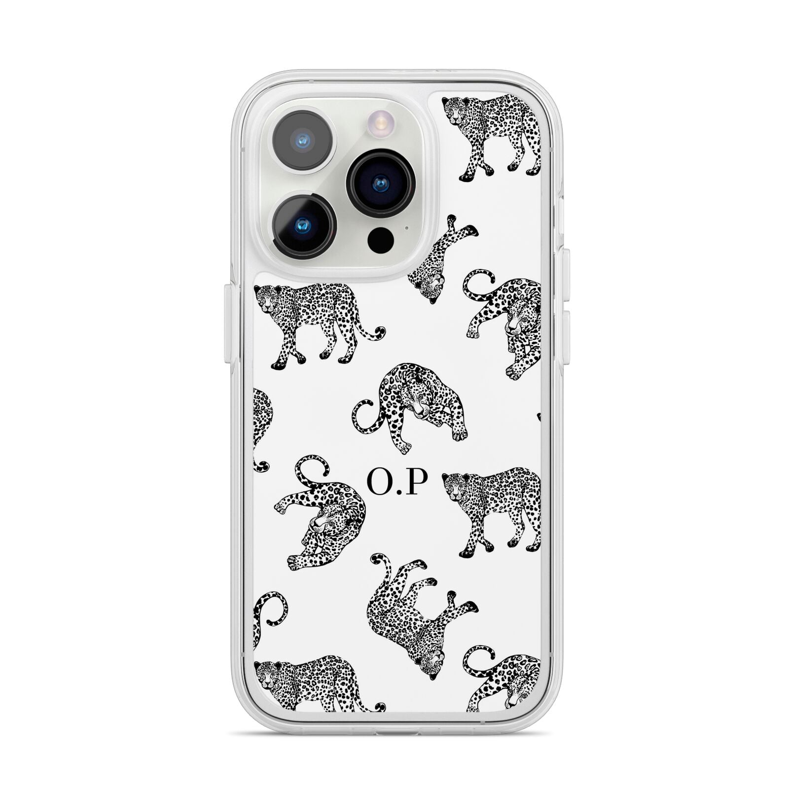 Monochrome Leopard Print Personalised iPhone 14 Pro Clear Tough Case Silver