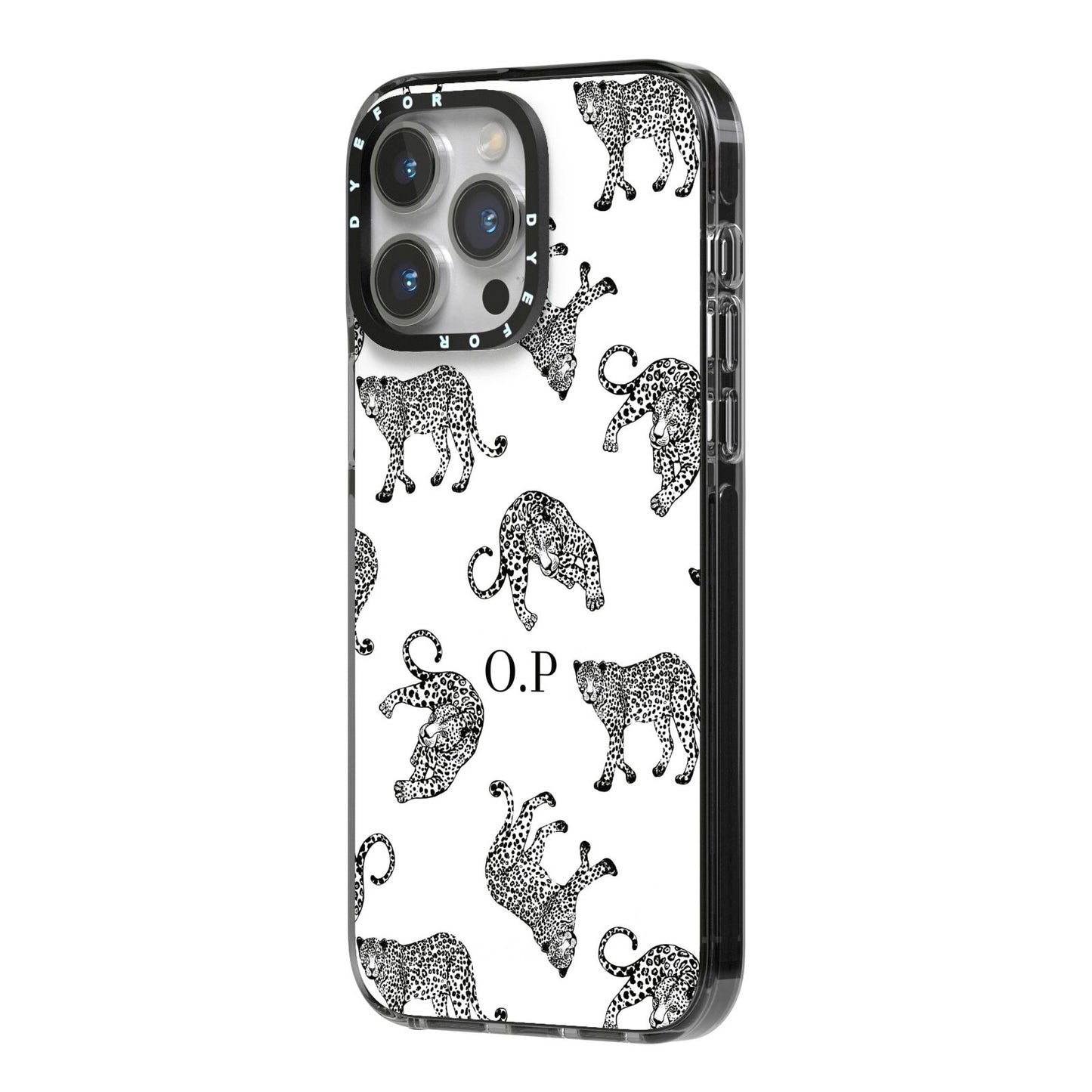 Monochrome Leopard Print Personalised iPhone 14 Pro Max Black Impact Case Side Angle on Silver phone