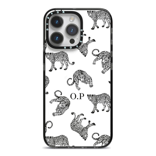 Monochrome Leopard Print Personalised iPhone 14 Pro Max Black Impact Case on Silver phone