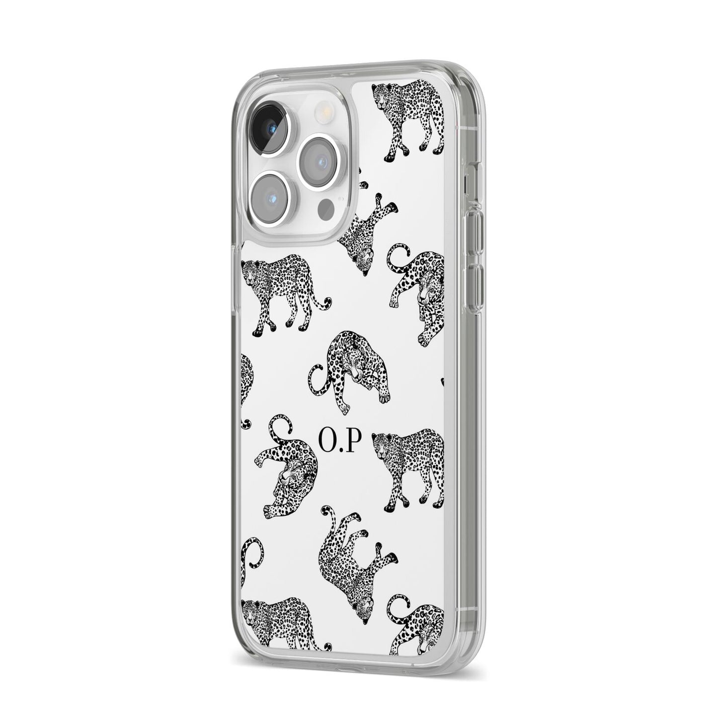 Monochrome Leopard Print Personalised iPhone 14 Pro Max Clear Tough Case Silver Angled Image