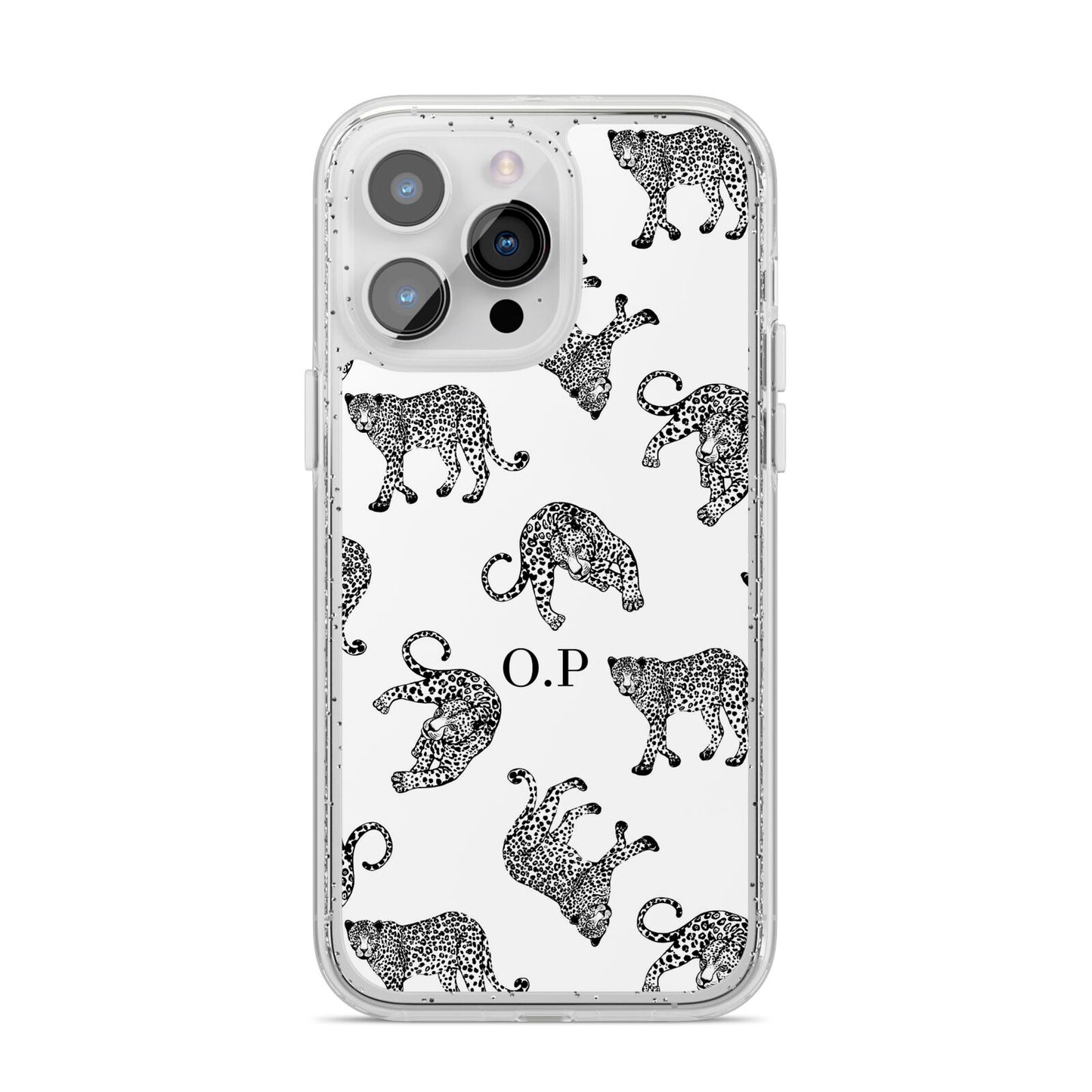 Monochrome Leopard Print Personalised iPhone 14 Pro Max Glitter Tough Case Silver