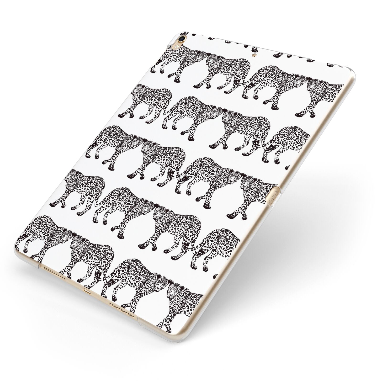 Monochrome Mirrored Leopard Print Apple iPad Case on Gold iPad Side View