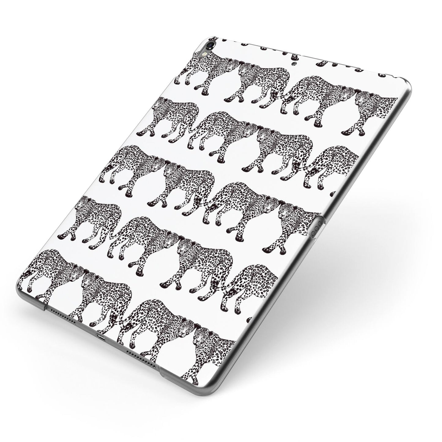 Monochrome Mirrored Leopard Print Apple iPad Case on Grey iPad Side View