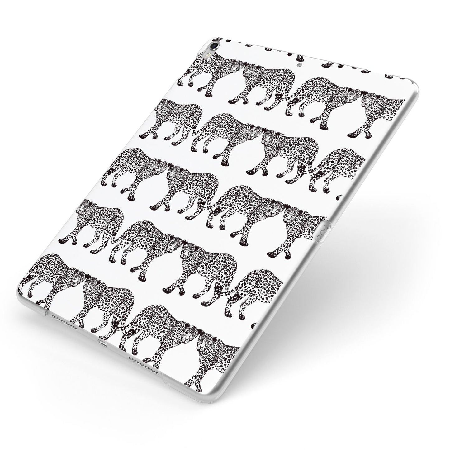 Monochrome Mirrored Leopard Print Apple iPad Case on Silver iPad Side View