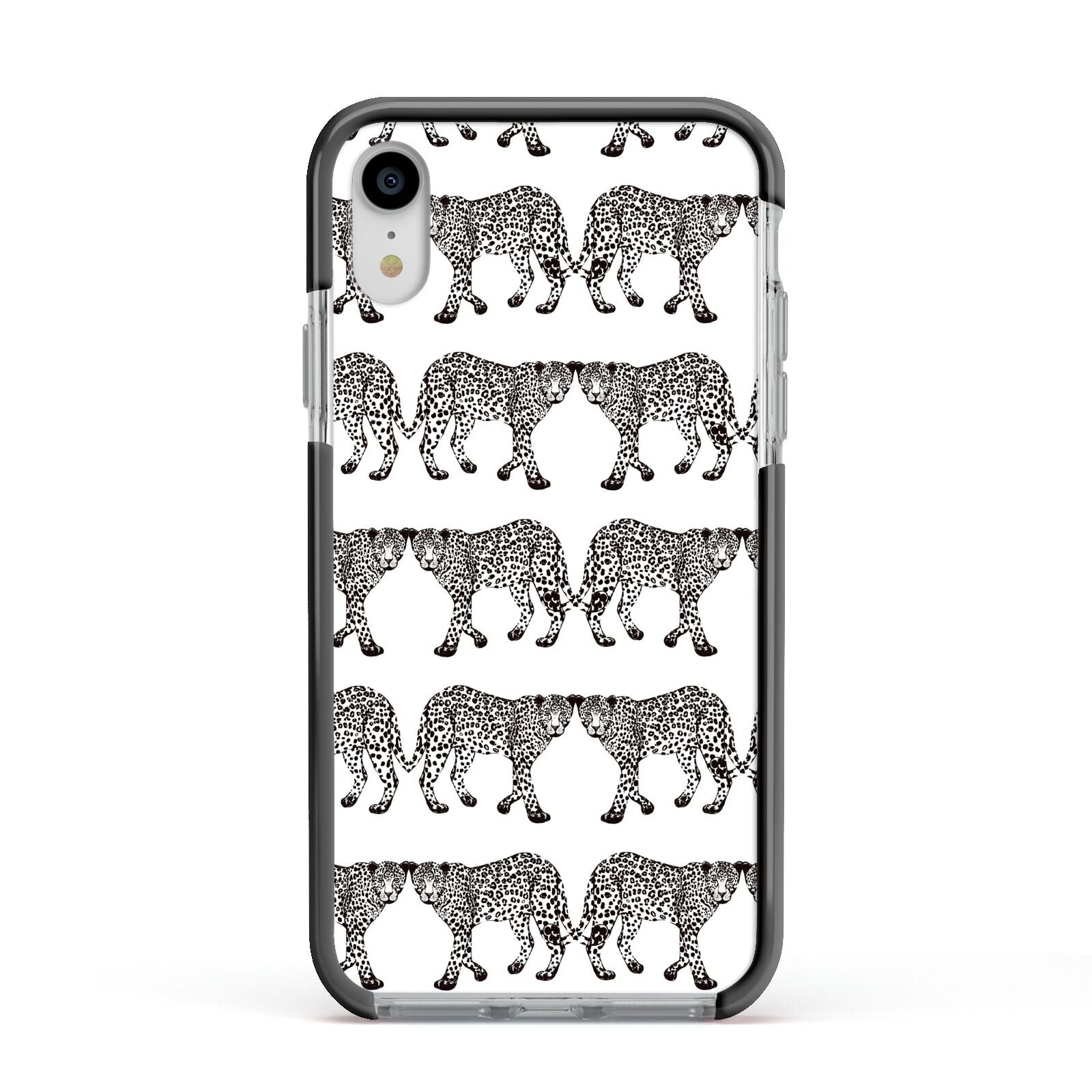 Monochrome Mirrored Leopard Print Apple iPhone XR Impact Case Black Edge on Silver Phone