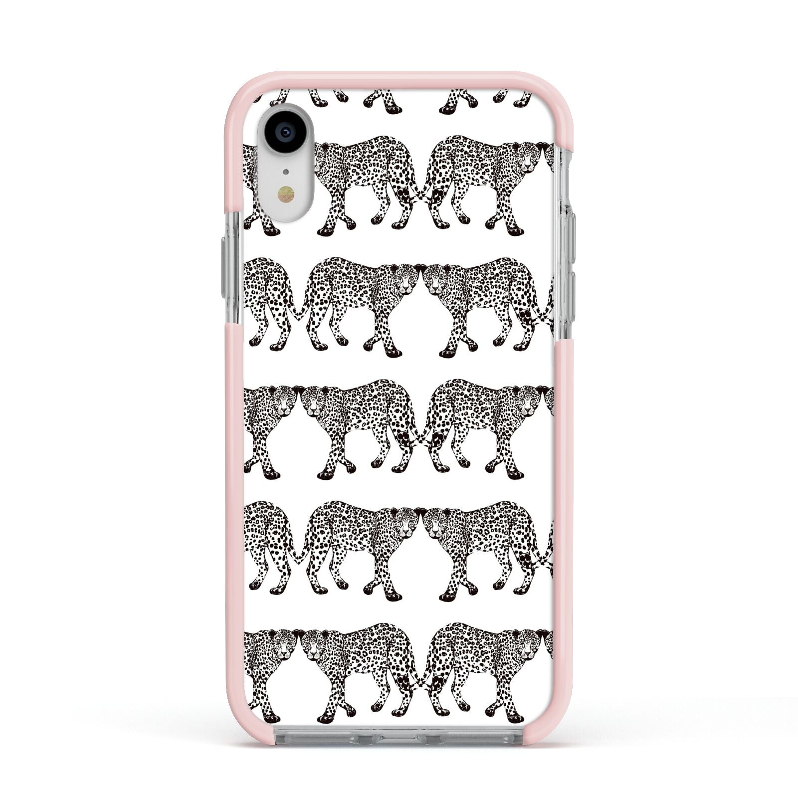 Monochrome Mirrored Leopard Print Apple iPhone XR Impact Case Pink Edge on Silver Phone
