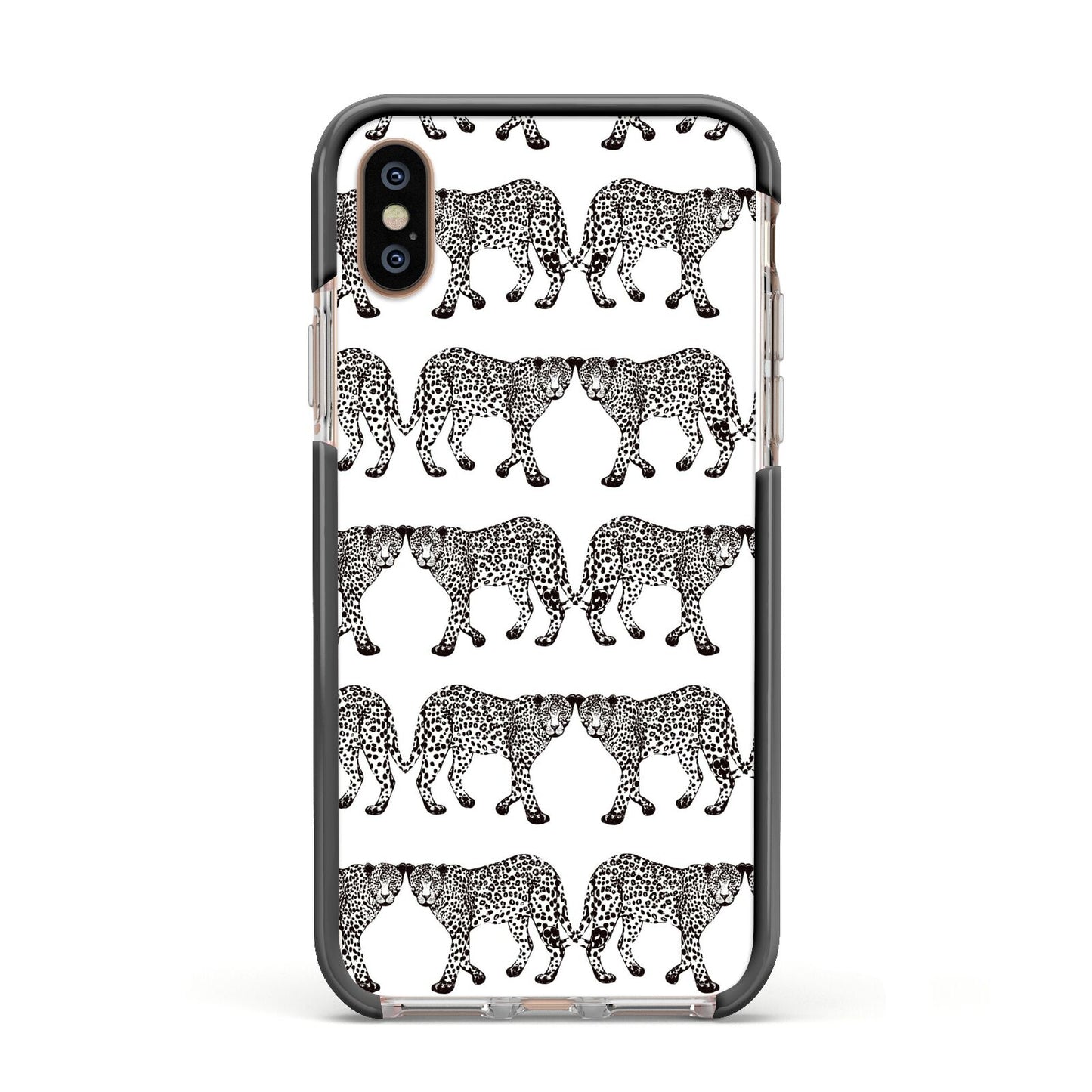 Monochrome Mirrored Leopard Print Apple iPhone Xs Impact Case Black Edge on Gold Phone