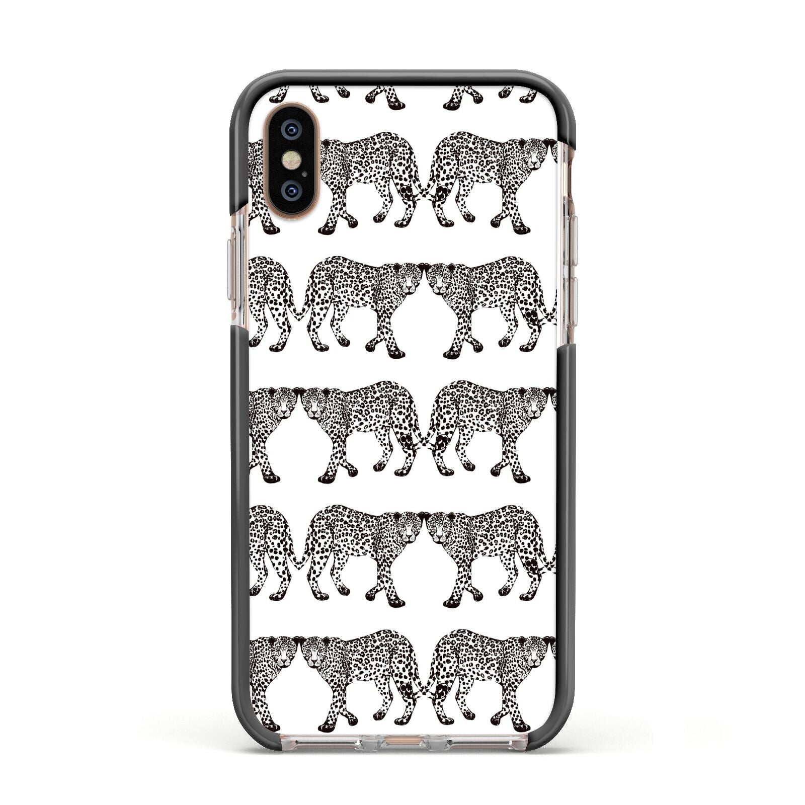 Monochrome Mirrored Leopard Print Apple iPhone Xs Impact Case Black Edge on Gold Phone