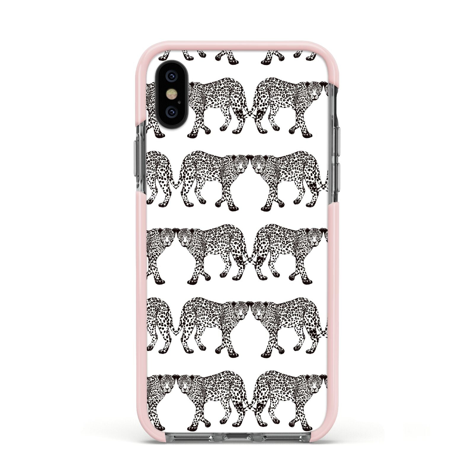 Monochrome Mirrored Leopard Print Apple iPhone Xs Impact Case Pink Edge on Black Phone
