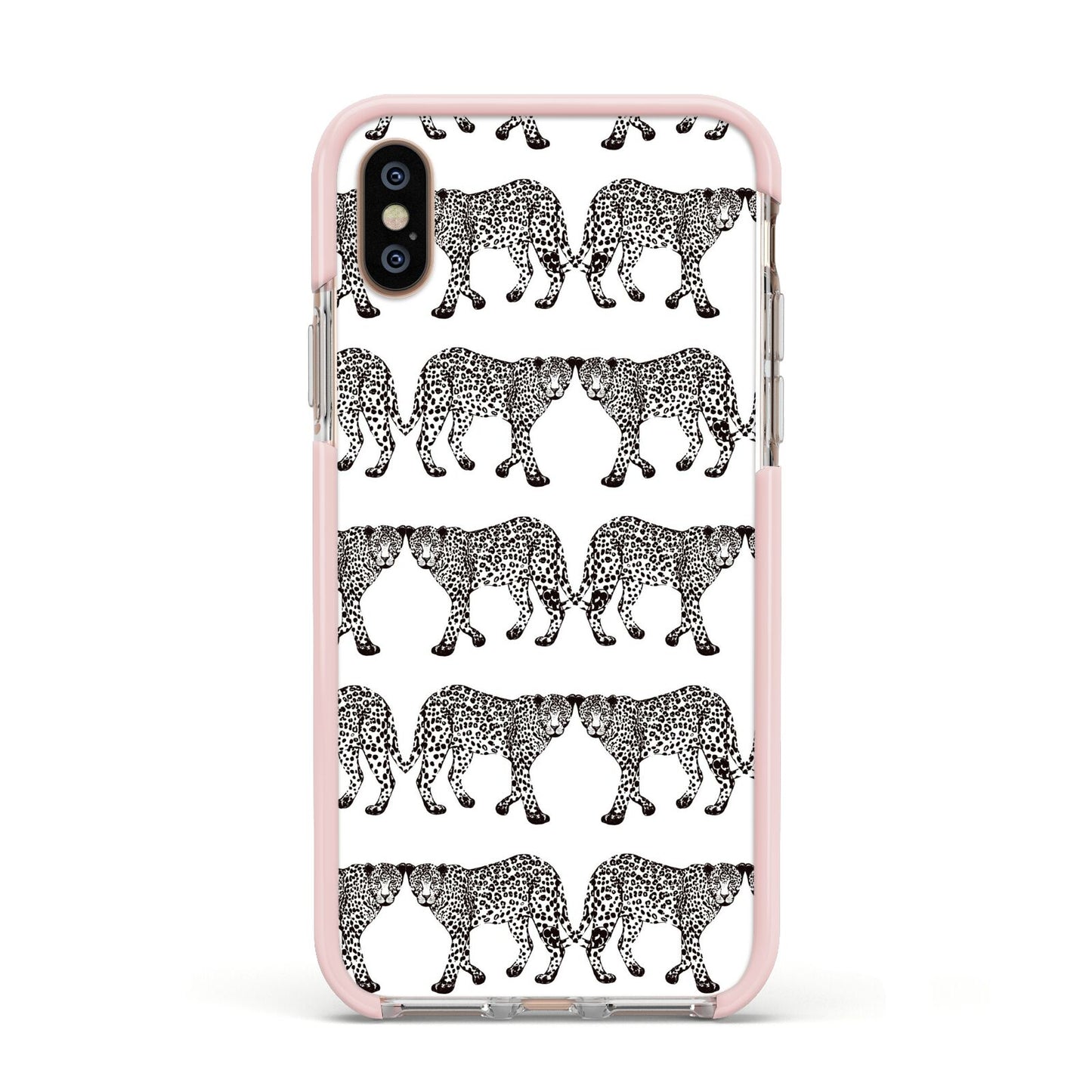 Monochrome Mirrored Leopard Print Apple iPhone Xs Impact Case Pink Edge on Gold Phone