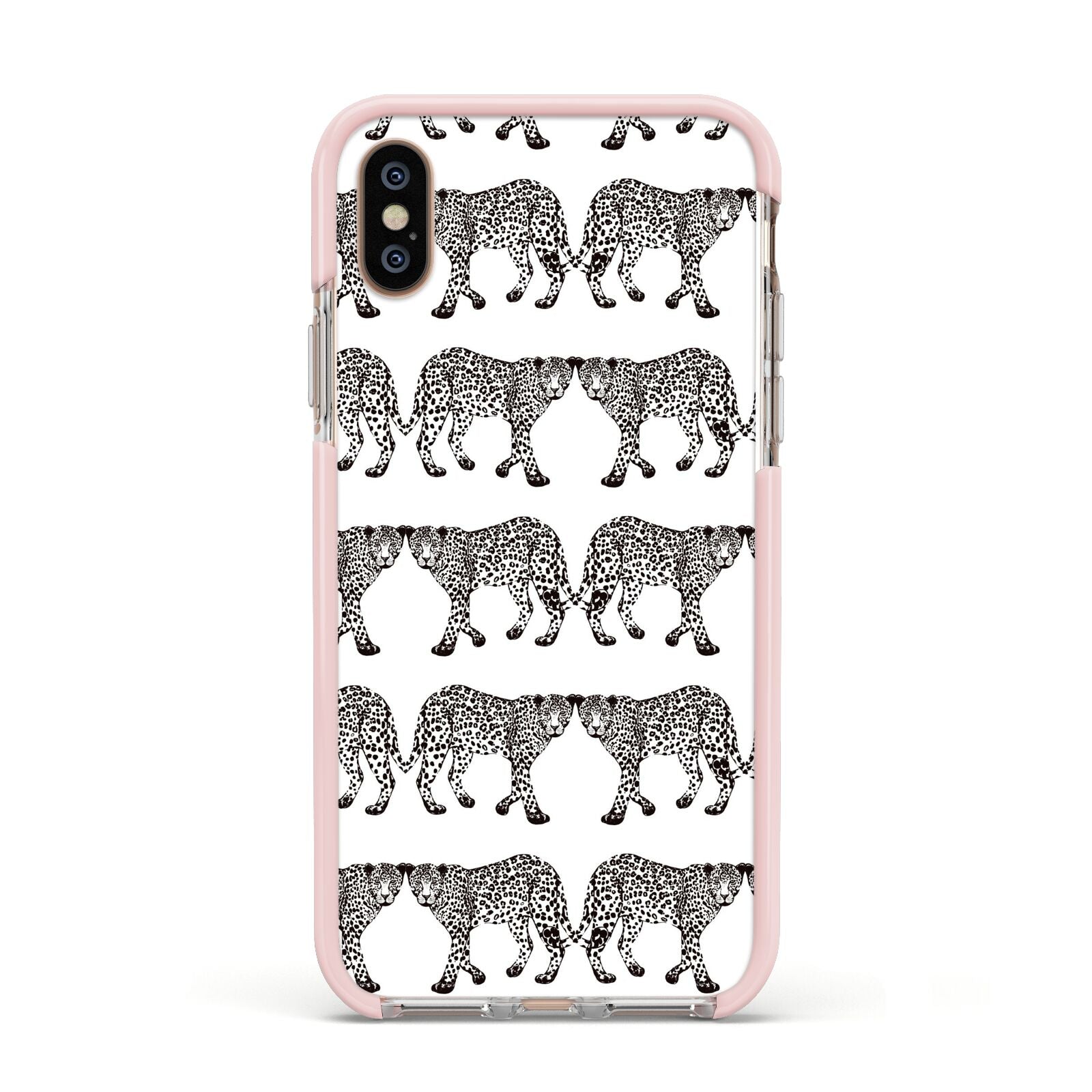 Monochrome Mirrored Leopard Print Apple iPhone Xs Impact Case Pink Edge on Gold Phone