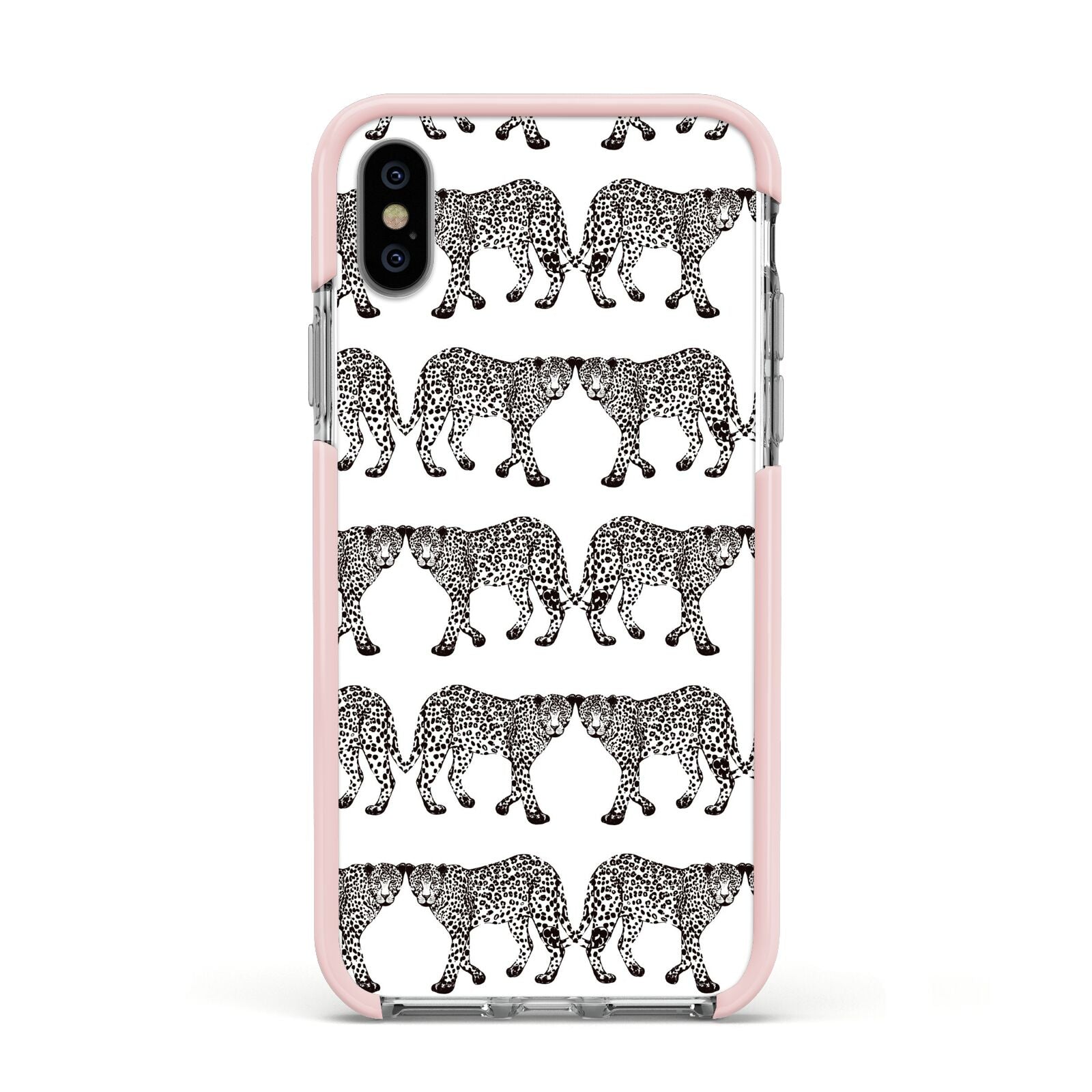 Monochrome Mirrored Leopard Print Apple iPhone Xs Impact Case Pink Edge on Silver Phone