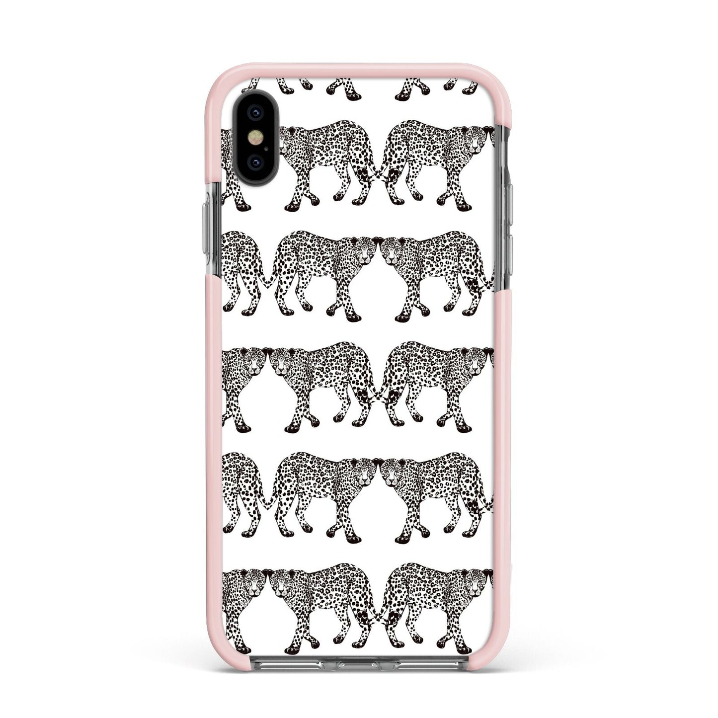 Monochrome Mirrored Leopard Print Apple iPhone Xs Max Impact Case Pink Edge on Black Phone
