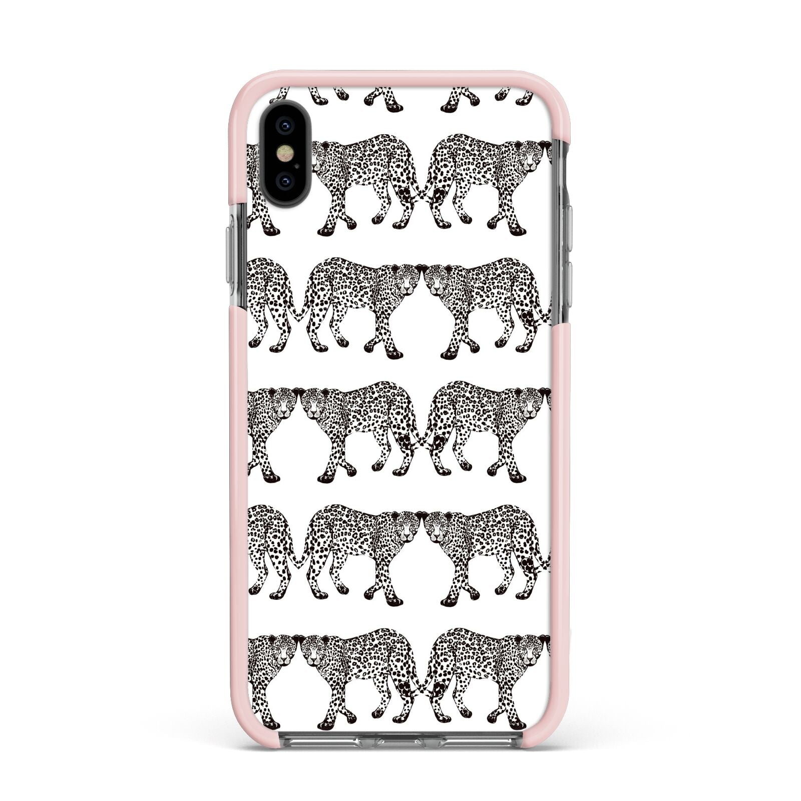 Monochrome Mirrored Leopard Print Apple iPhone Xs Max Impact Case Pink Edge on Black Phone