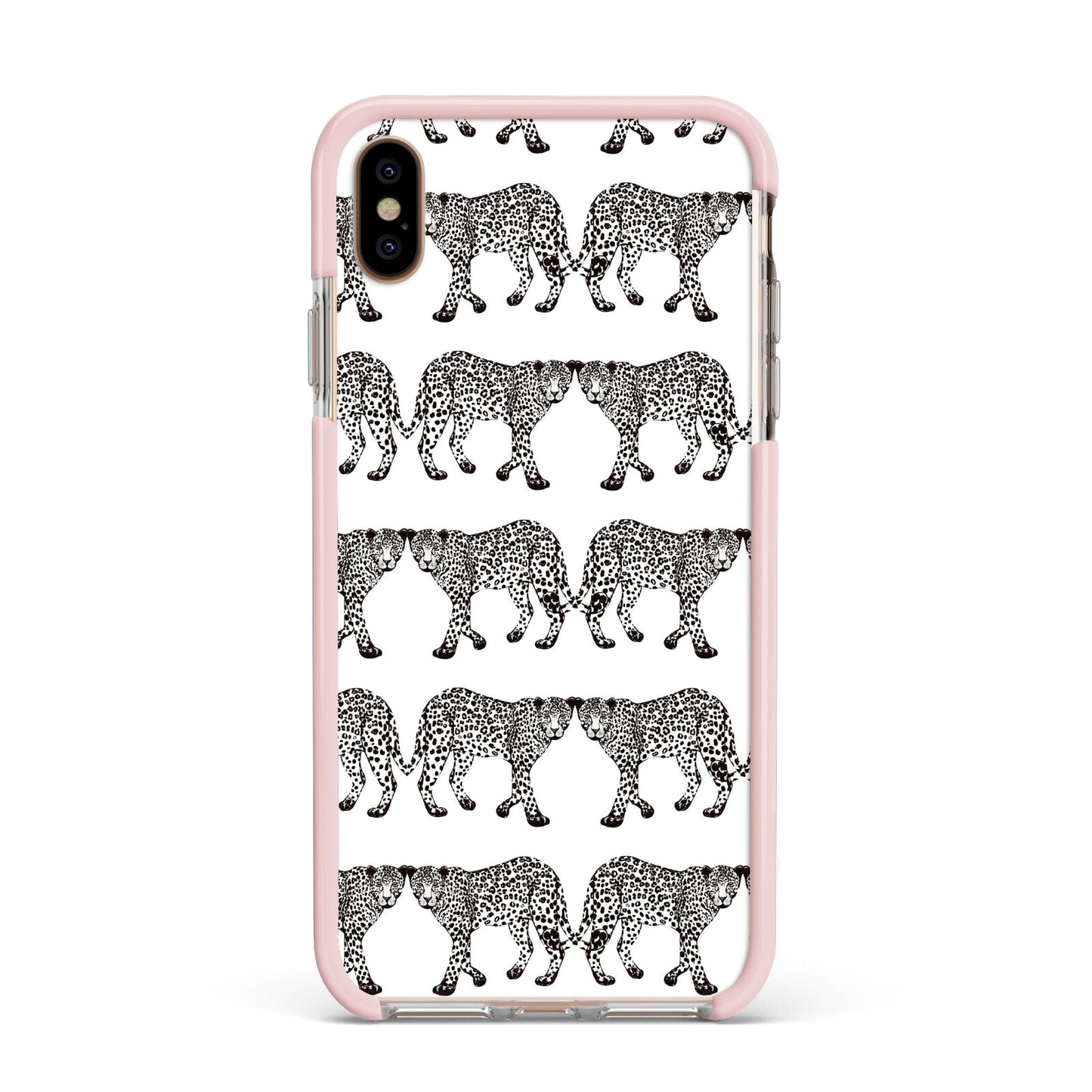 Monochrome Mirrored Leopard Print Apple iPhone Xs Max Impact Case Pink Edge on Gold Phone