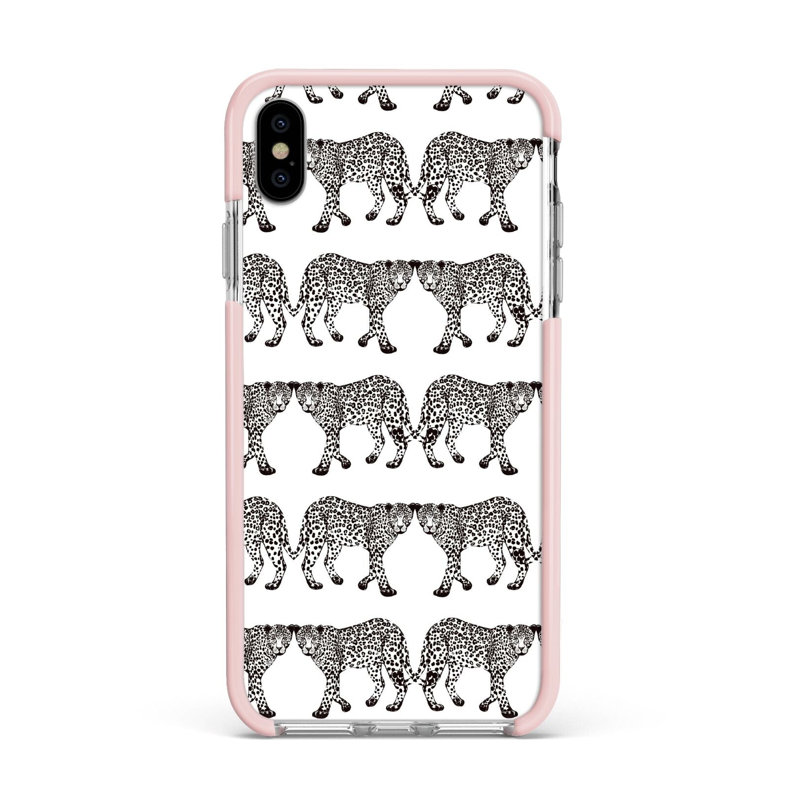 Monochrome Mirrored Leopard Print Apple iPhone Xs Max Impact Case Pink Edge on Silver Phone