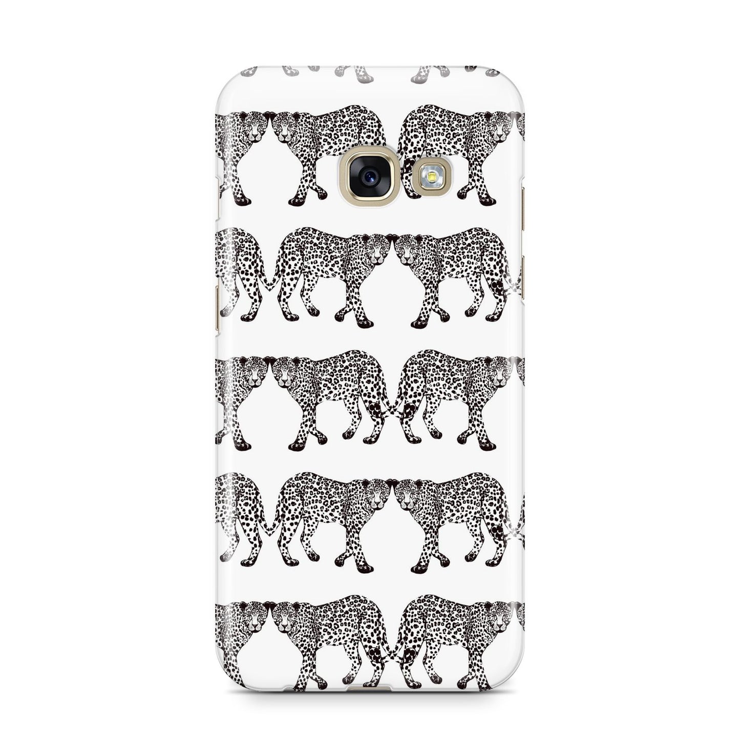 Monochrome Mirrored Leopard Print Samsung Galaxy A3 2017 Case on gold phone