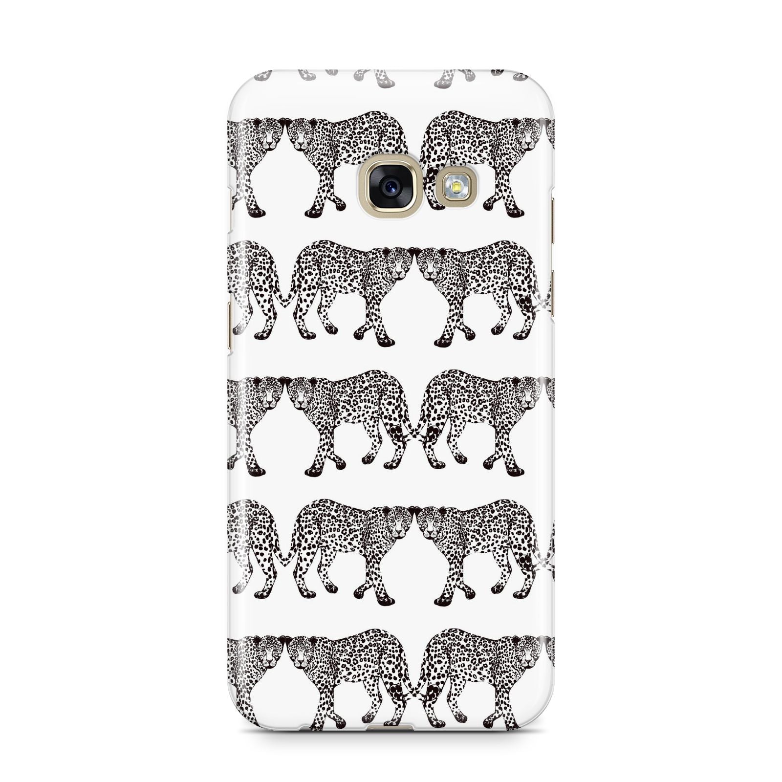 Monochrome Mirrored Leopard Print Samsung Galaxy A3 2017 Case on gold phone