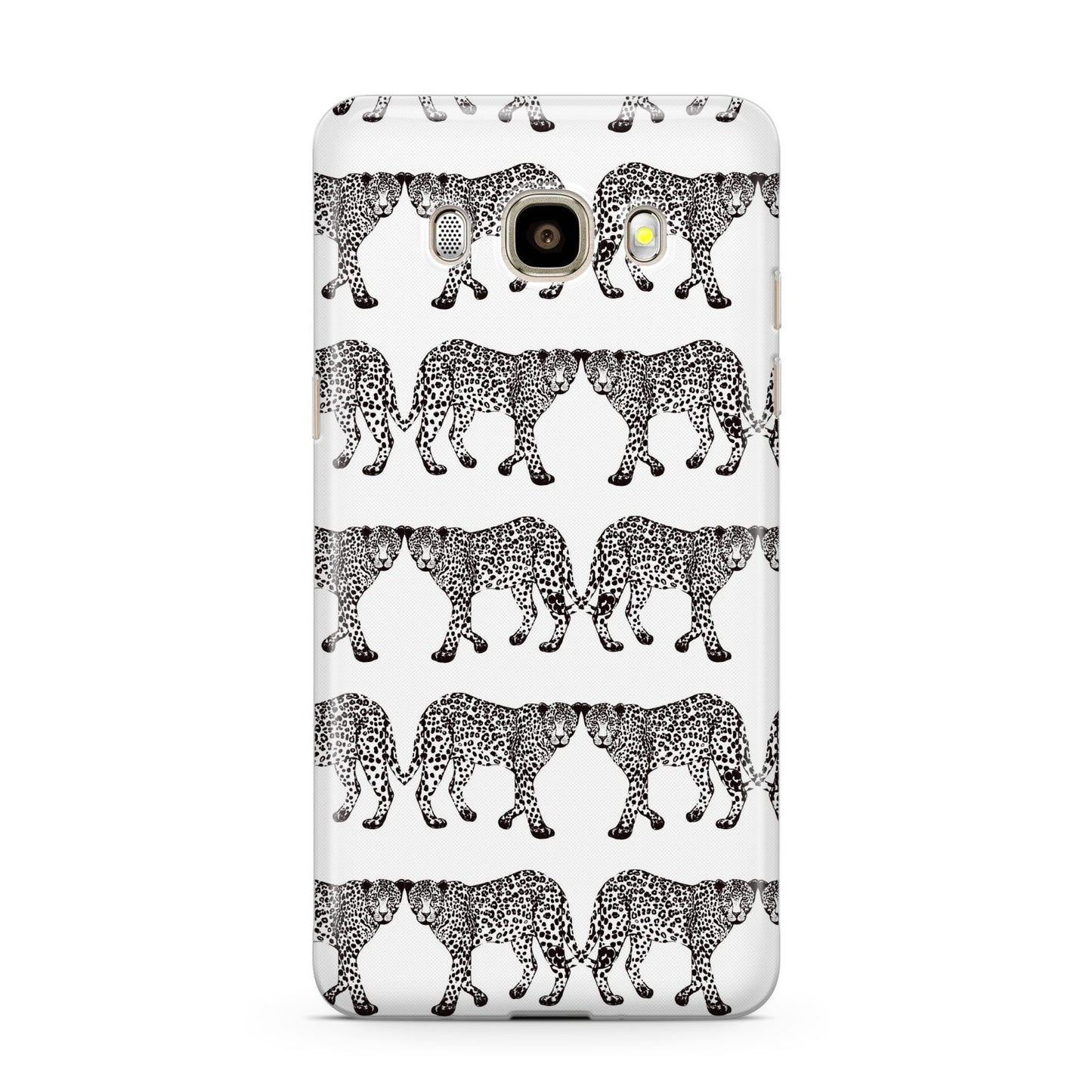 Monochrome Mirrored Leopard Print Samsung Galaxy J7 2016 Case on gold phone