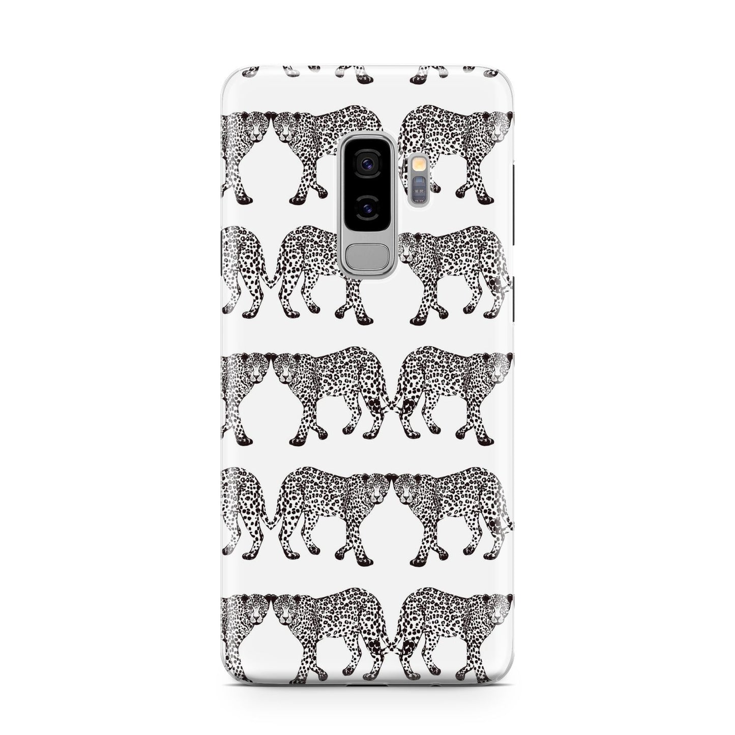 Monochrome Mirrored Leopard Print Samsung Galaxy S9 Plus Case on Silver phone