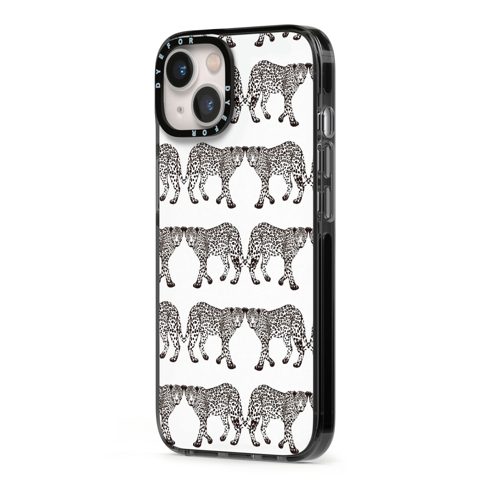 Monochrome Mirrored Leopard Print iPhone 13 Black Impact Case Side Angle on Silver phone