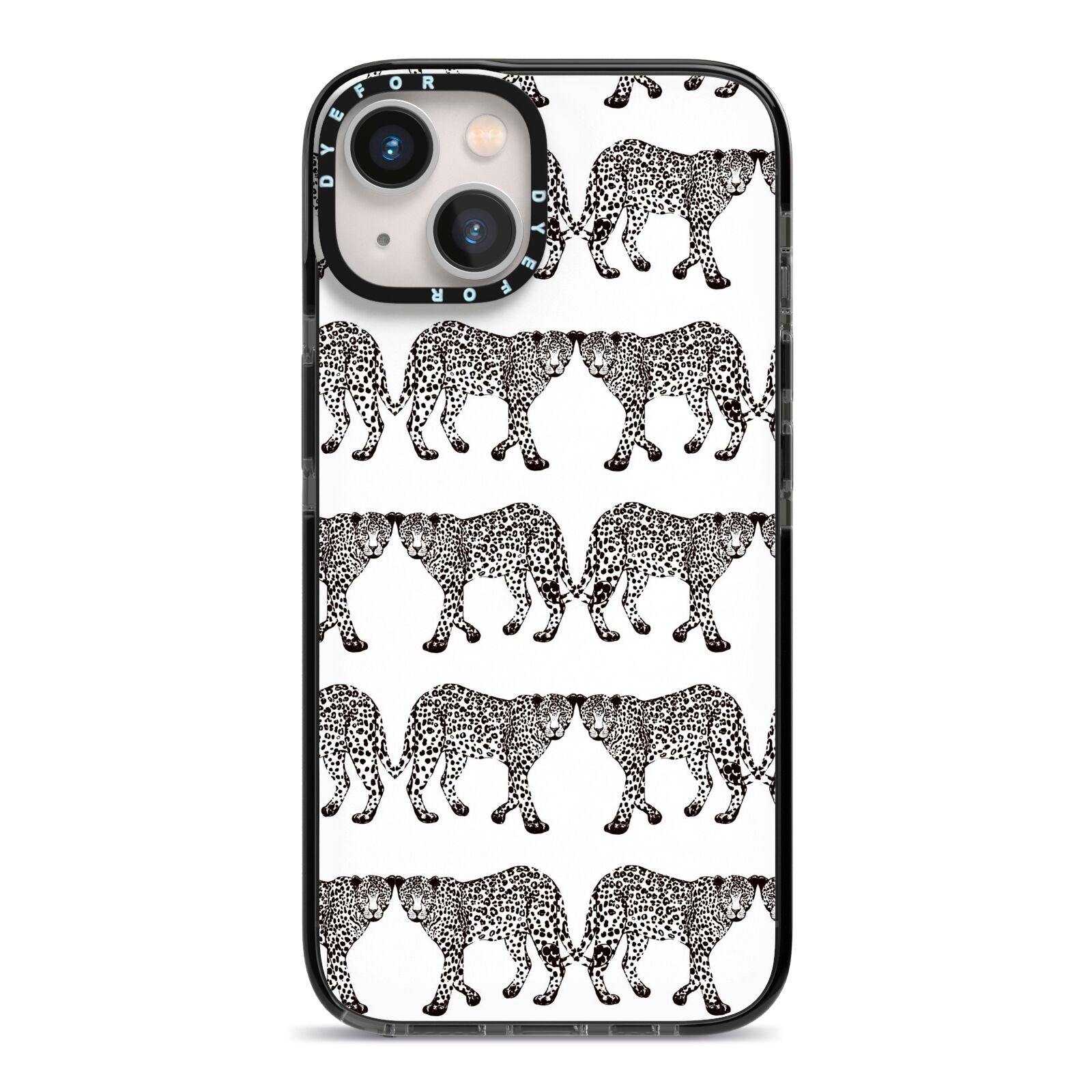 Monochrome Mirrored Leopard Print iPhone 13 Black Impact Case on Silver phone