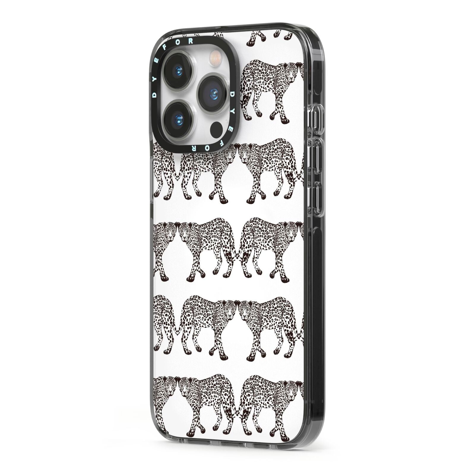 Monochrome Mirrored Leopard Print iPhone 13 Pro Black Impact Case Side Angle on Silver phone