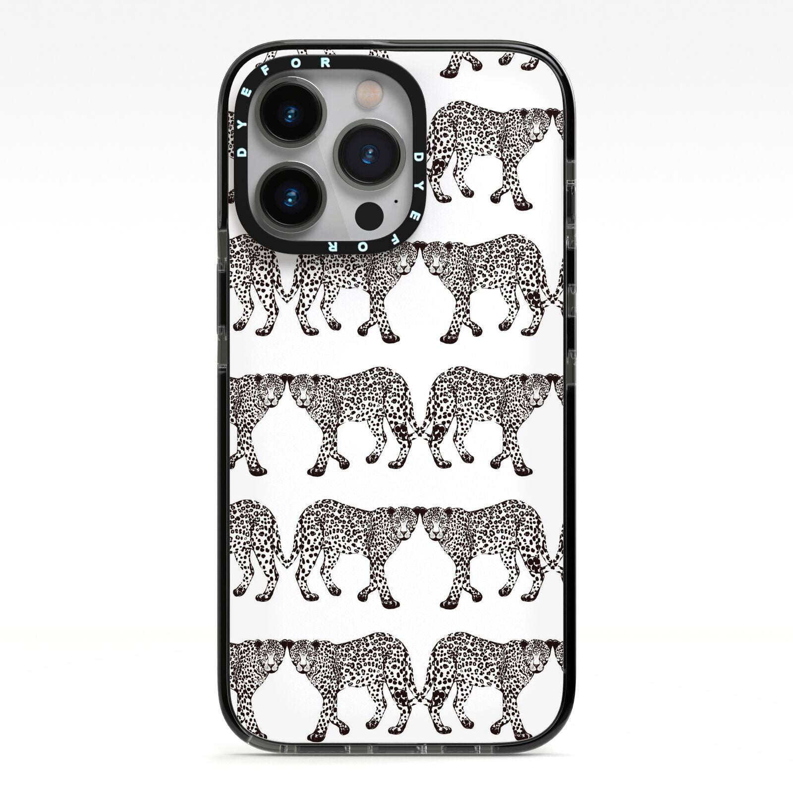 Monochrome Mirrored Leopard Print iPhone 13 Pro Black Impact Case on Silver phone