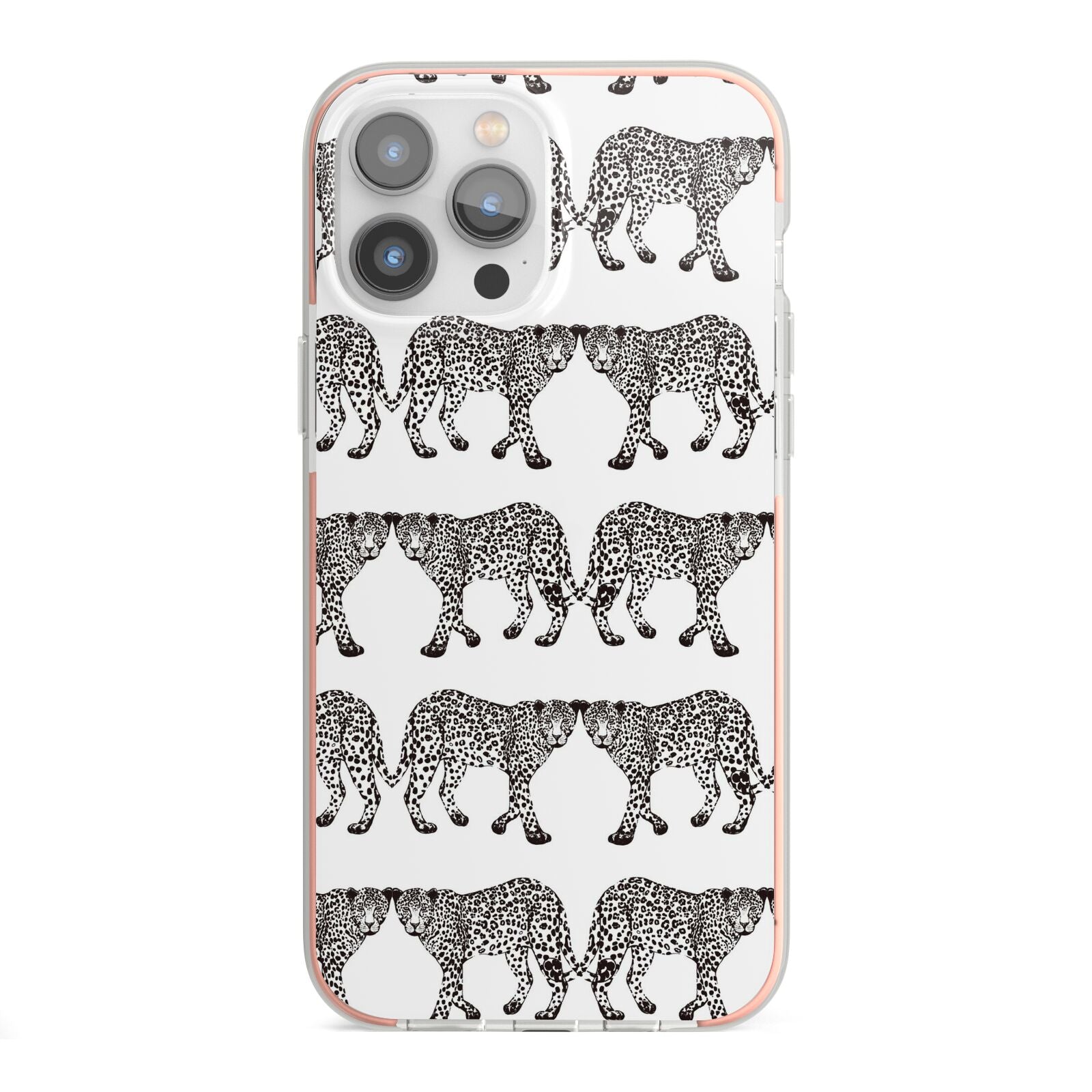 Monochrome Mirrored Leopard Print iPhone 13 Pro Max TPU Impact Case with Pink Edges